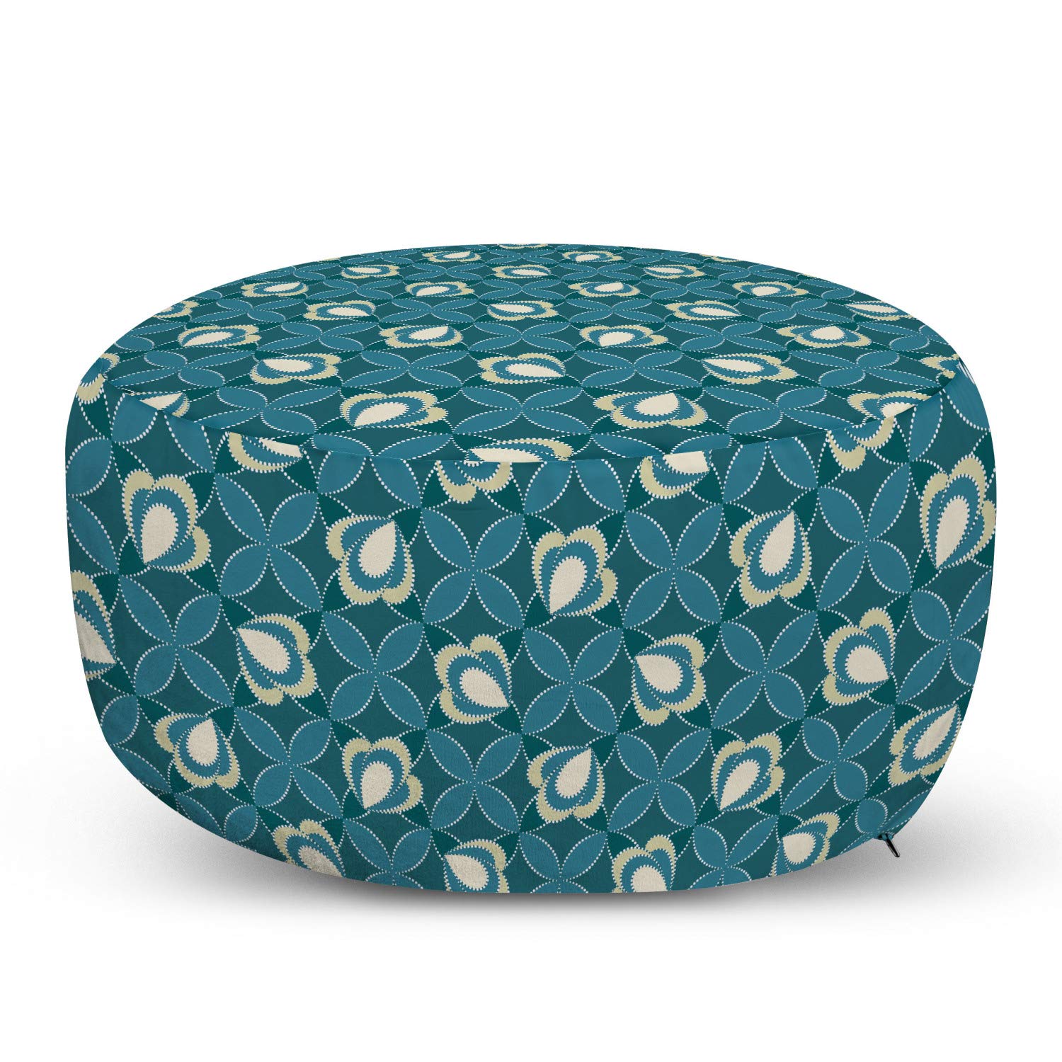 Ambesonne Abstract Ottoman Pouf - Vintage Floral Dotted Outline Design, Decorative Soft Foot Rest with Removable Cover for Living Room & Bedroom - Petrol Blue & Cream | Perfect for Home Decor, Lounge Seating & Extra Guest Seating