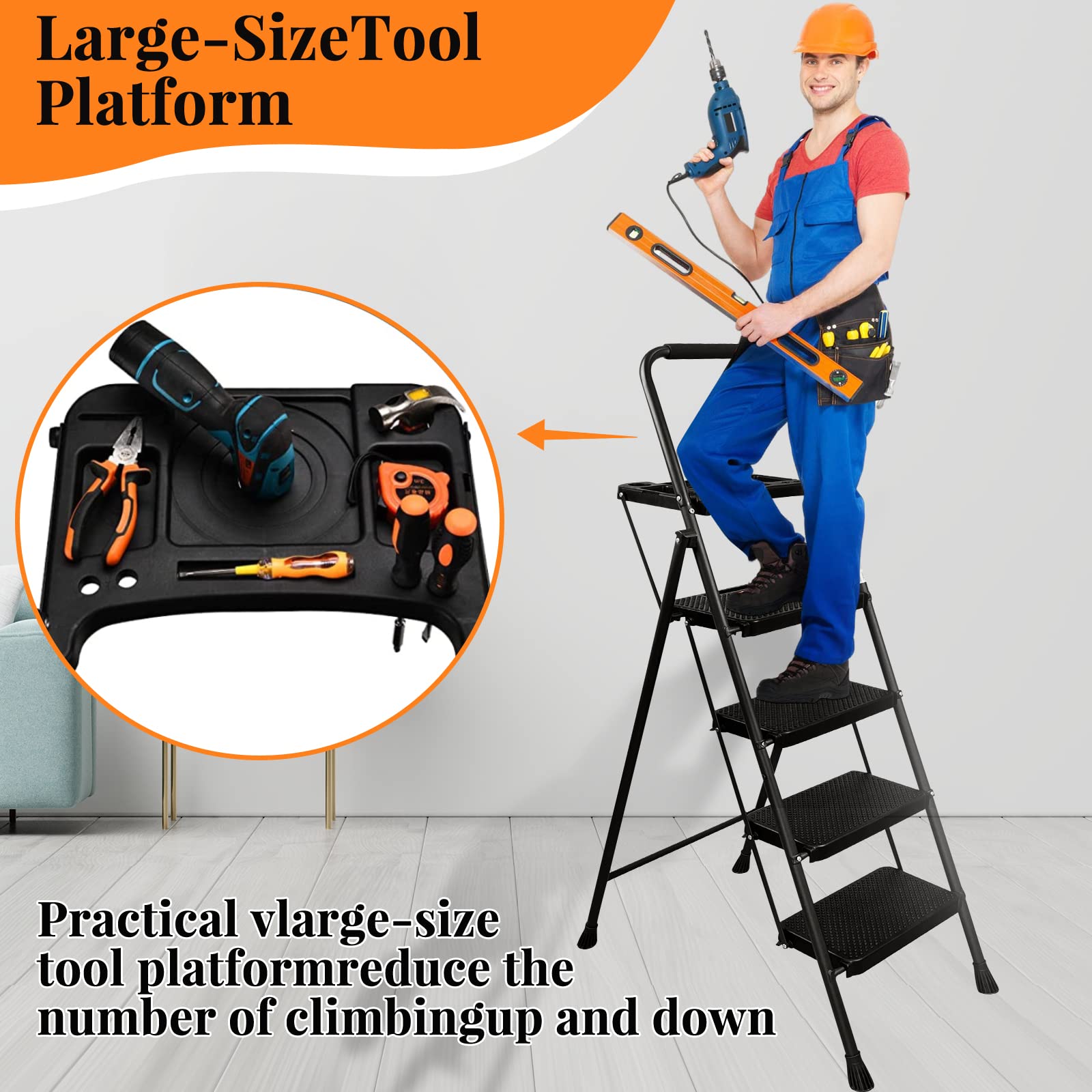 4 Step Ladder with Tool Platform - 500lbs Capacity Folding Step Stool, Wide Anti-Slip Pedal & Lightweight Steel Frame for Home, Garage & Workshop - Portable Black Step Ladder for Adults (Ideal for Painting, Shelving & DIY Projects)