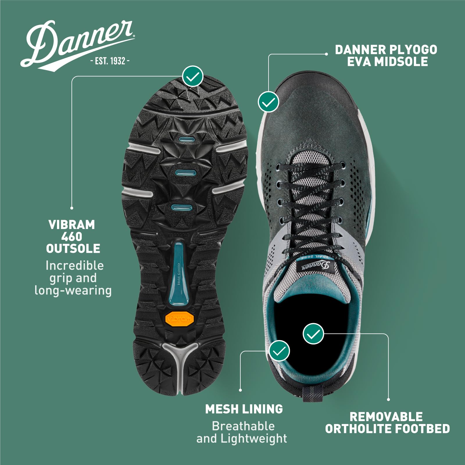 Danner Trail 2650 Men's Hiking Shoes - Lightweight Breathable Suede & Textile with Ortholite Footbed, Vibram Outsole for Outdoor Trekking & Backpacking Adventures