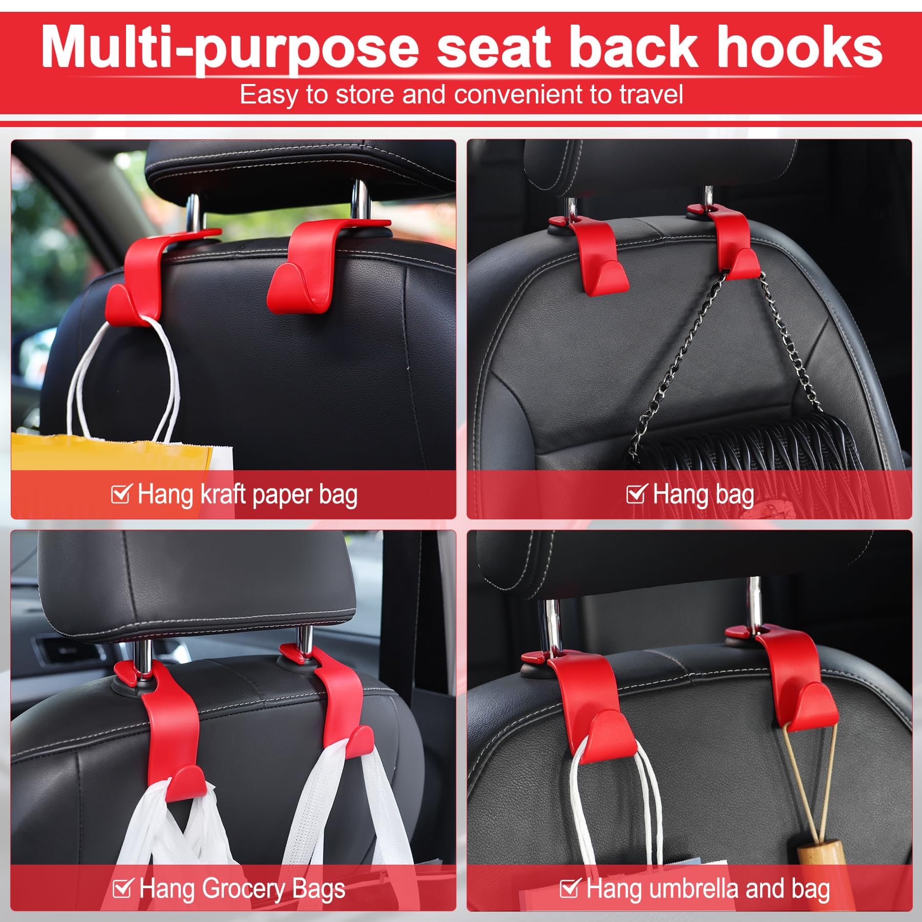 LivTee 4-Pack Universal Car Seat Headrest Hook Organizer - Heavy Duty Auto Back Seat Hooks for Purse, Coat, Bag & Accessories - Perfect for Road Trips, Shopping & Daily Commute