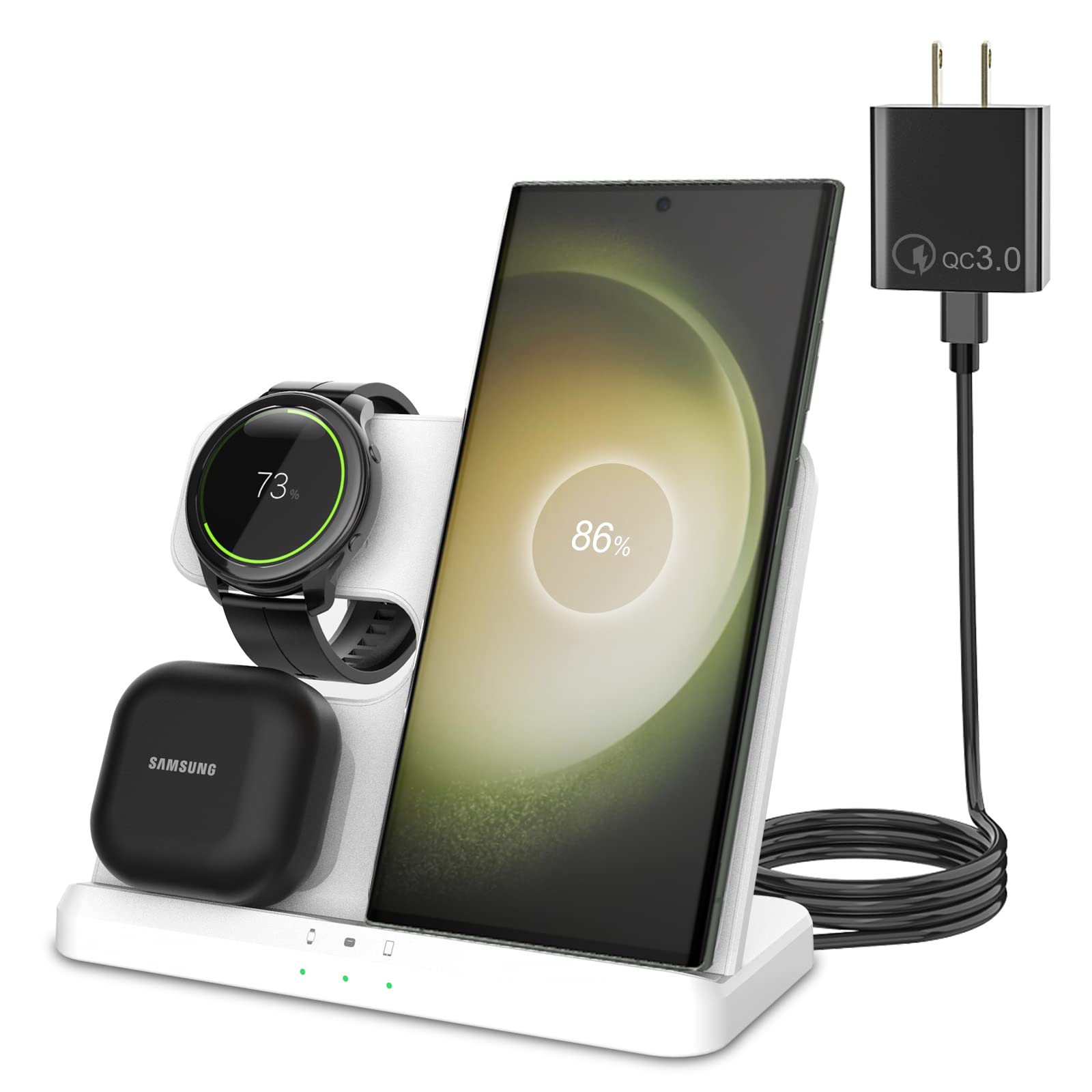 3-in-1 Fast Wireless Charger for Samsung Galaxy S24 Ultra/S24+/S23 Ultra/S22 Ultra/Z Fold 4/Flip 4 & Watch 5/5 Pro/4 & Buds - White | Multi-Device Charging Station for Home, Office & Travel