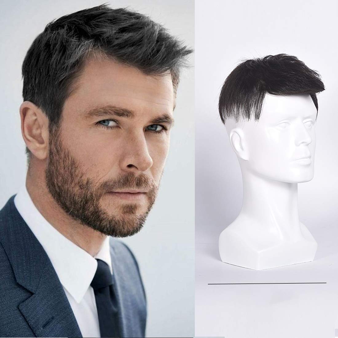 Natural Black Human Hair Toupee for Men - Hand-Tied Lace Hairpiece Topper with Clip-In Extensions (7.9