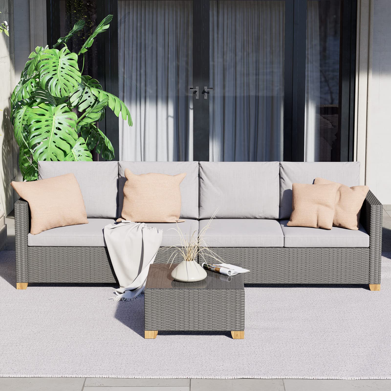 Outdoor Wicker Patio Furniture Set with Glass Coffee Table - 4-Piece Modular Sofa Set with Olefin Cushions for Backyard, Garden & Poolside - Light Gray Conversation Set for Relaxing & Entertaining Guests