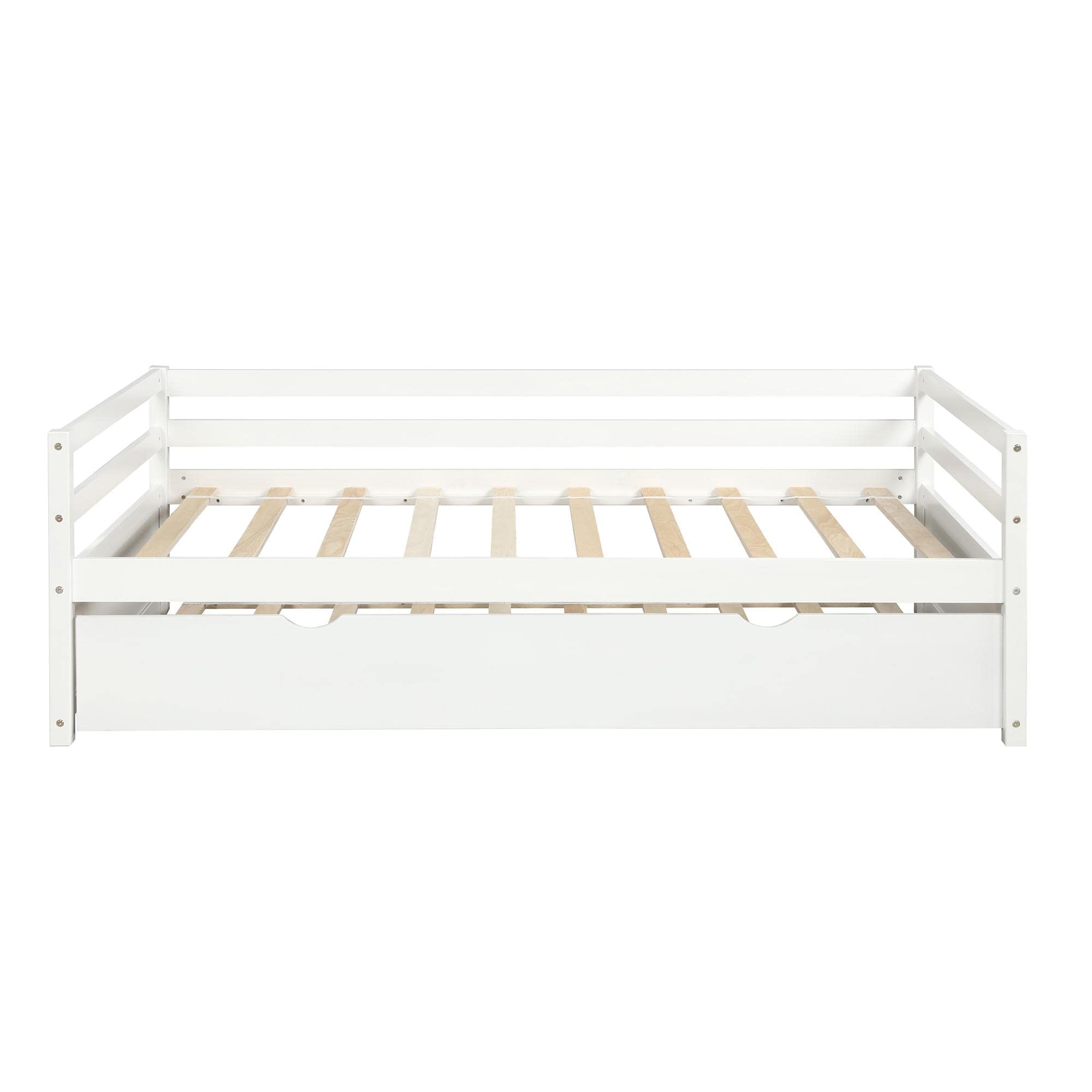 JINS&VICO Twin Size Daybed with Trundle - Solid Wood Captain Bed Sofa Bed Frame for Kids, Teens & Adults - White 76x41.7x30 Inch - Perfect for Guest Rooms, Dormitories & Small Spaces