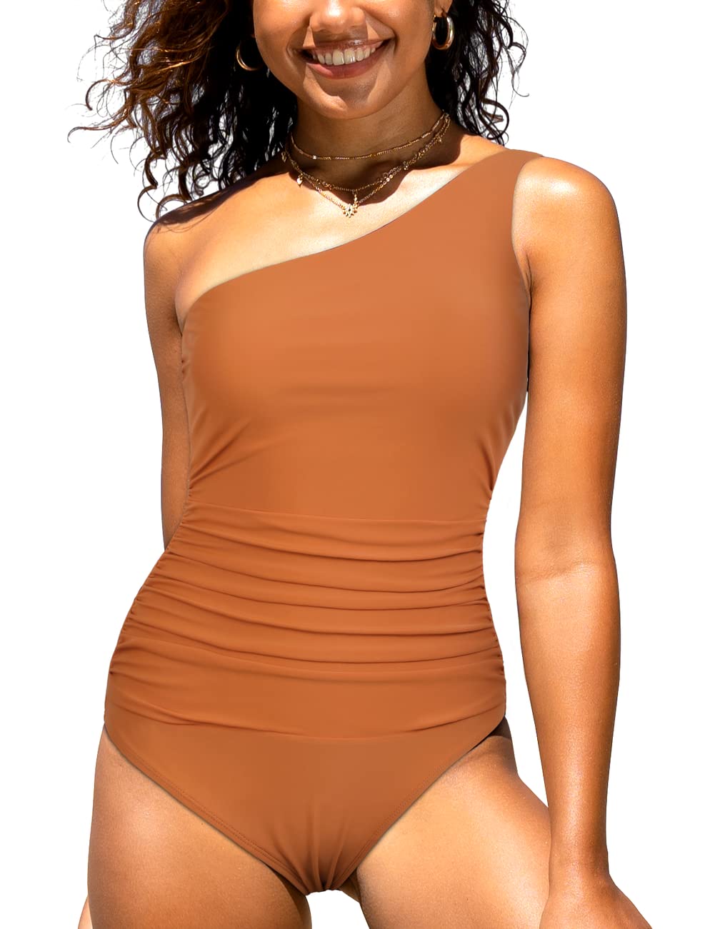 Hilor Women's One Shoulder Asymmetric Monokini Swimsuit - Shirred Cutout One Piece Bathing Suit for Beach, Pool & Vacation