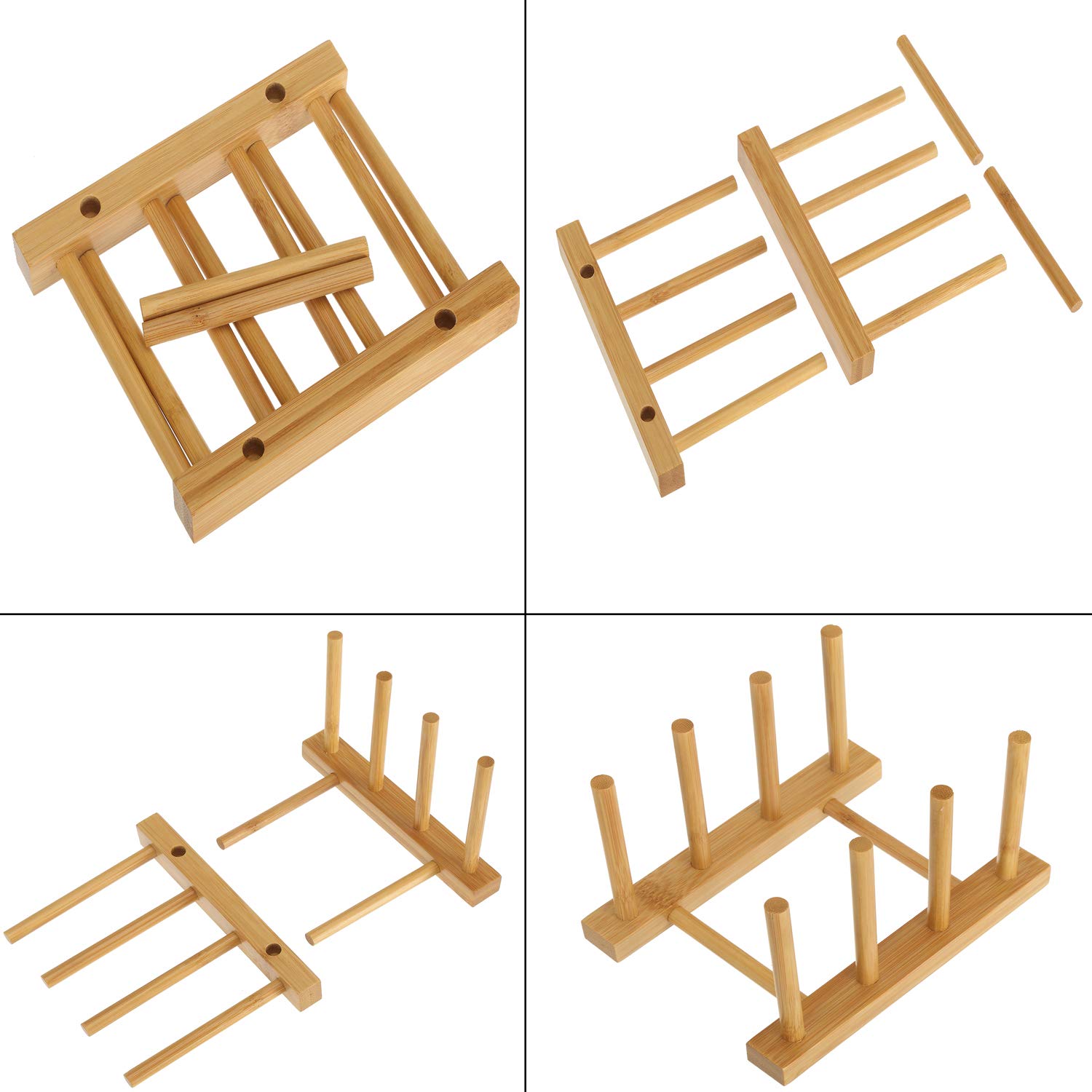 Lawei 6-Piece Bamboo Dish Rack Set - 3/6/8 Slot Wooden Plate Drying Rack with Pot Lid Holder for Dishes, Bowls, Cups & Cutting Boards | Space-Saving Kitchen Organizer for Countertop, Sink & Cabinet Storage