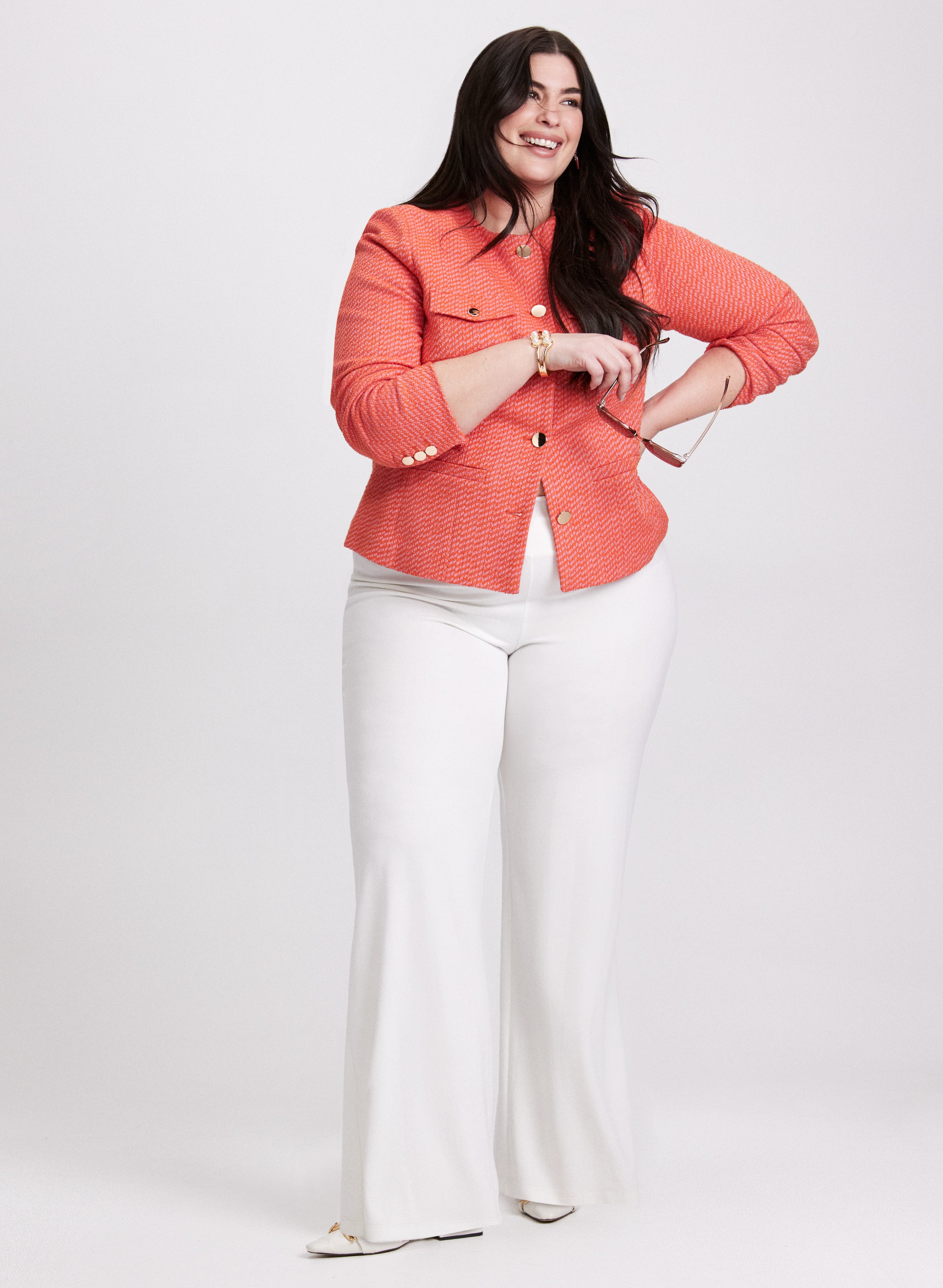 Bouclé Jacket & Flared Pants Set - Collarless Pull-On Outfit for Women | Casual Chic Office Wear & Date Night Outfits