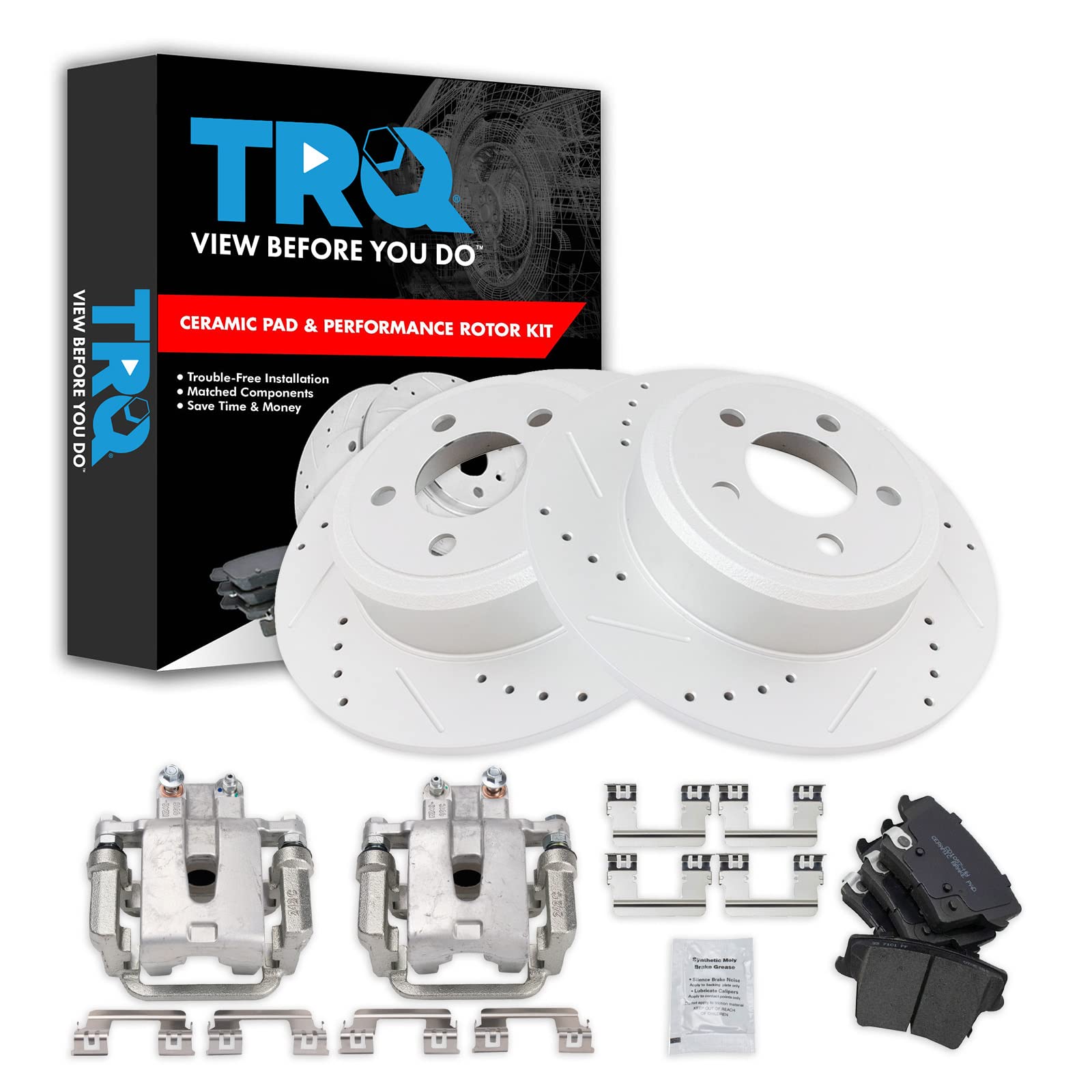 TRQ Rear Brake Calipers with Ceramic Pads & Drilled Rotors - Compatible with Dodge Challenger & Charger - High Performance Braking System for Street Racing & Daily Driving