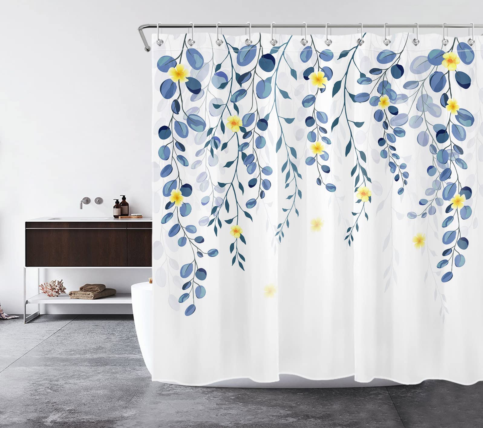 Blue Leaves and Yellow Flower Floral Shower Curtain - Nature Inspired Bathroom Decor with Hooks, 69x70 Inch - Perfect for Spring Refresh & Spa-Like Bathroom Retreat