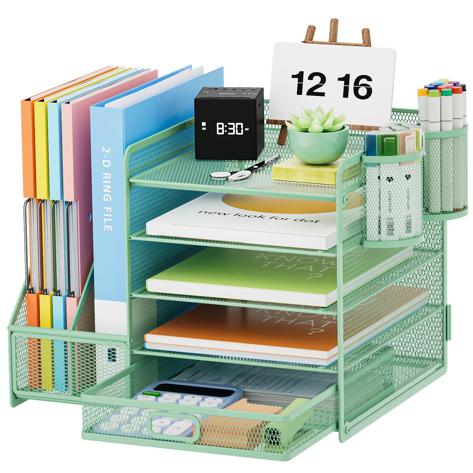 5-Tier Mesh Desk Organizer with File Holder, Drawer & 2 Pen Holders - Green Office Storage for Paper, Magazines & Supplies - Perfect for Home Office, School & Workspace Organization