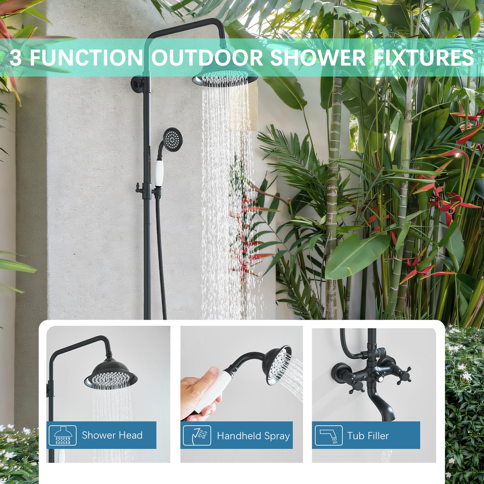 Premium Matte Black Outdoor Shower System - 8 Inch Rainfall Shower Head, Handheld Spray & Tub Spout with 2 Cross Handles - Wall Mounted Bathroom & Backyard Shower Faucet Set for Patio, Poolside & Garden Use