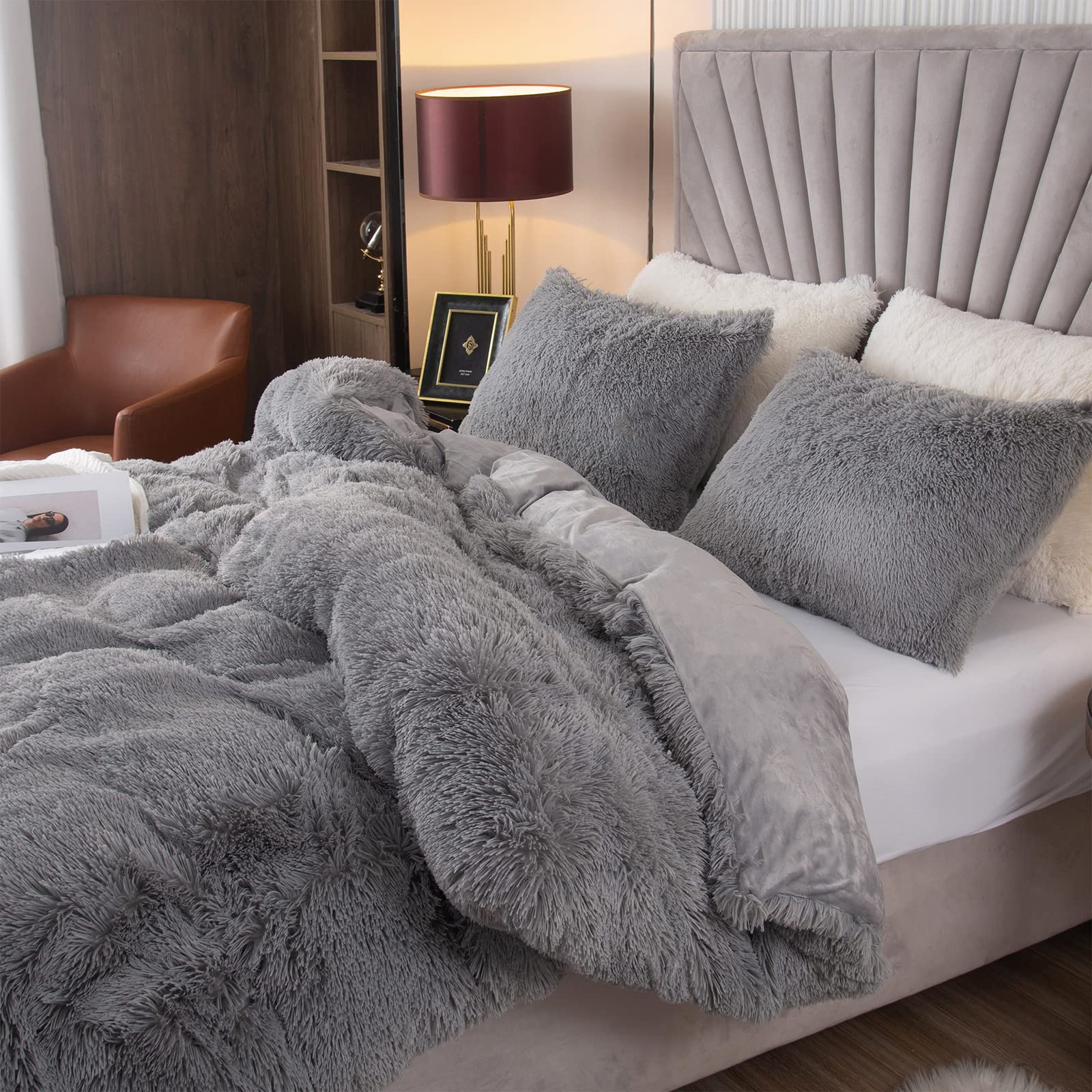 Luxury Fuzzy Plush Shaggy Duvet Cover Set King Size - 3 Piece Fluffy Comforter Cover for King Bed, Soft & Cozy Bedding Set (Grey) - Perfect for Winter Nights & Cozy Bedroom Decor