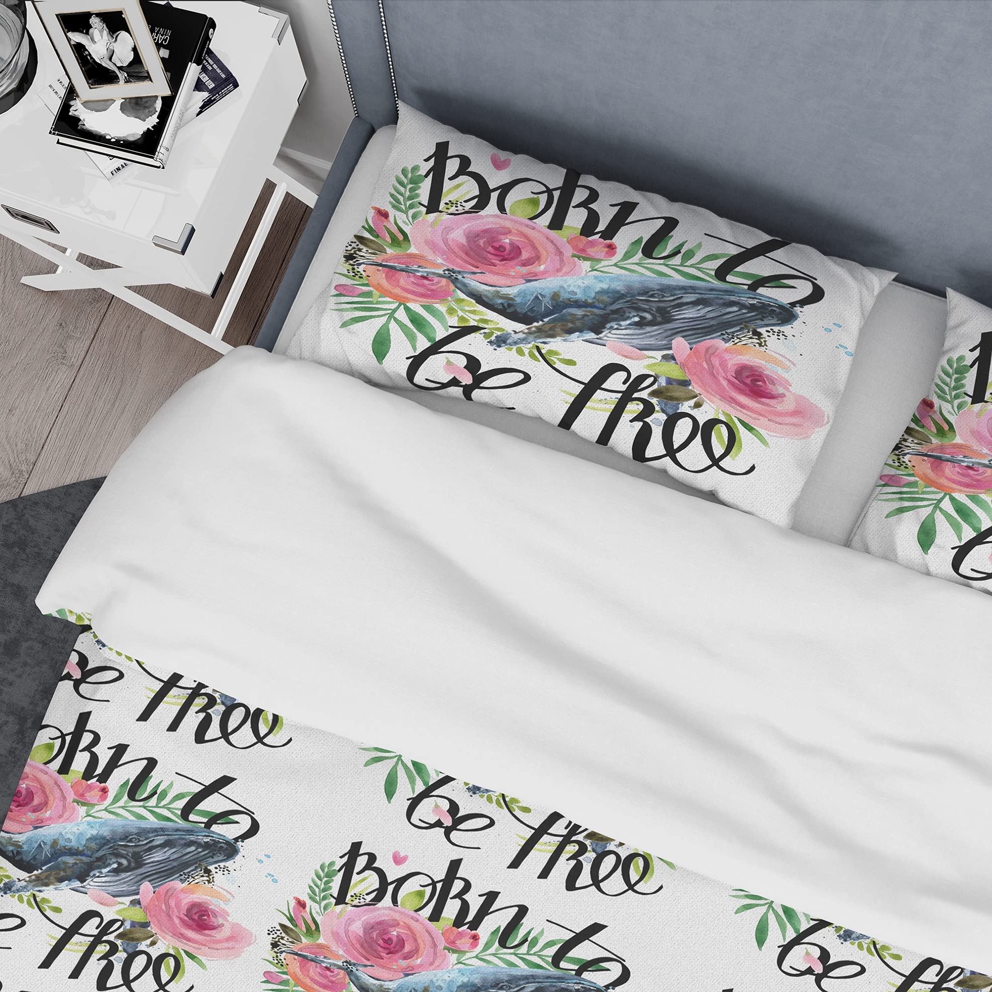 DesignQ Whale and Roses Traditional Duvet Cover Set - Queen Size White Floral Bedding (3-Piece) | All-Season Comfort for Master Bedroom & Guest Room Decor