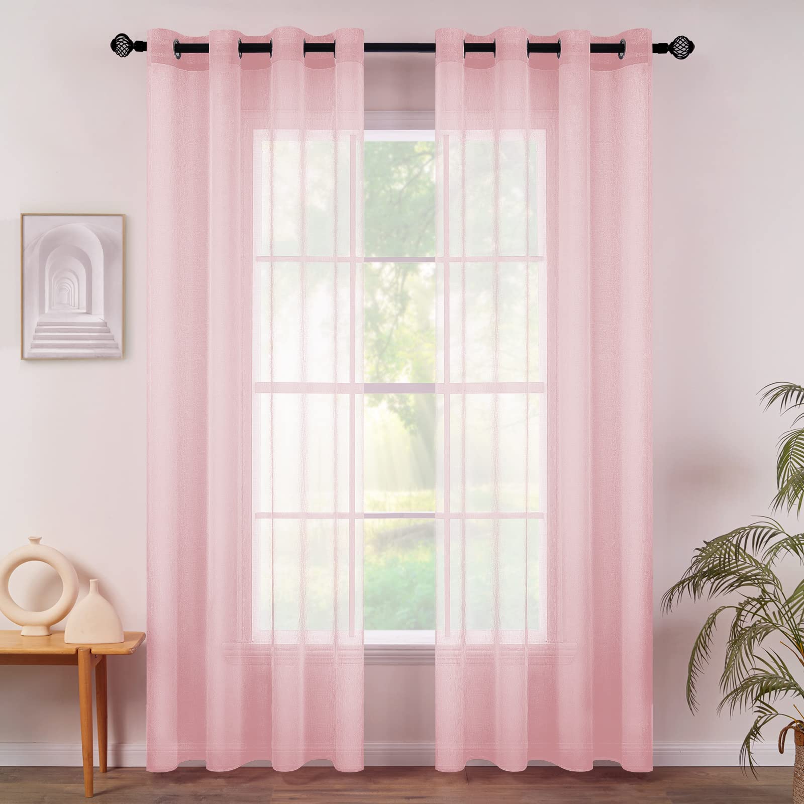 MIULEE 2 Panels Baby Pink Semi Sheer Window Curtains - Elegant Grommet Top Voile Panels for Bedroom & Living Room - Linen Textured Drapes 54x84 Inches - Soft Light Filtering Privacy Sheers for Nursery, Girls Room & Home Decor