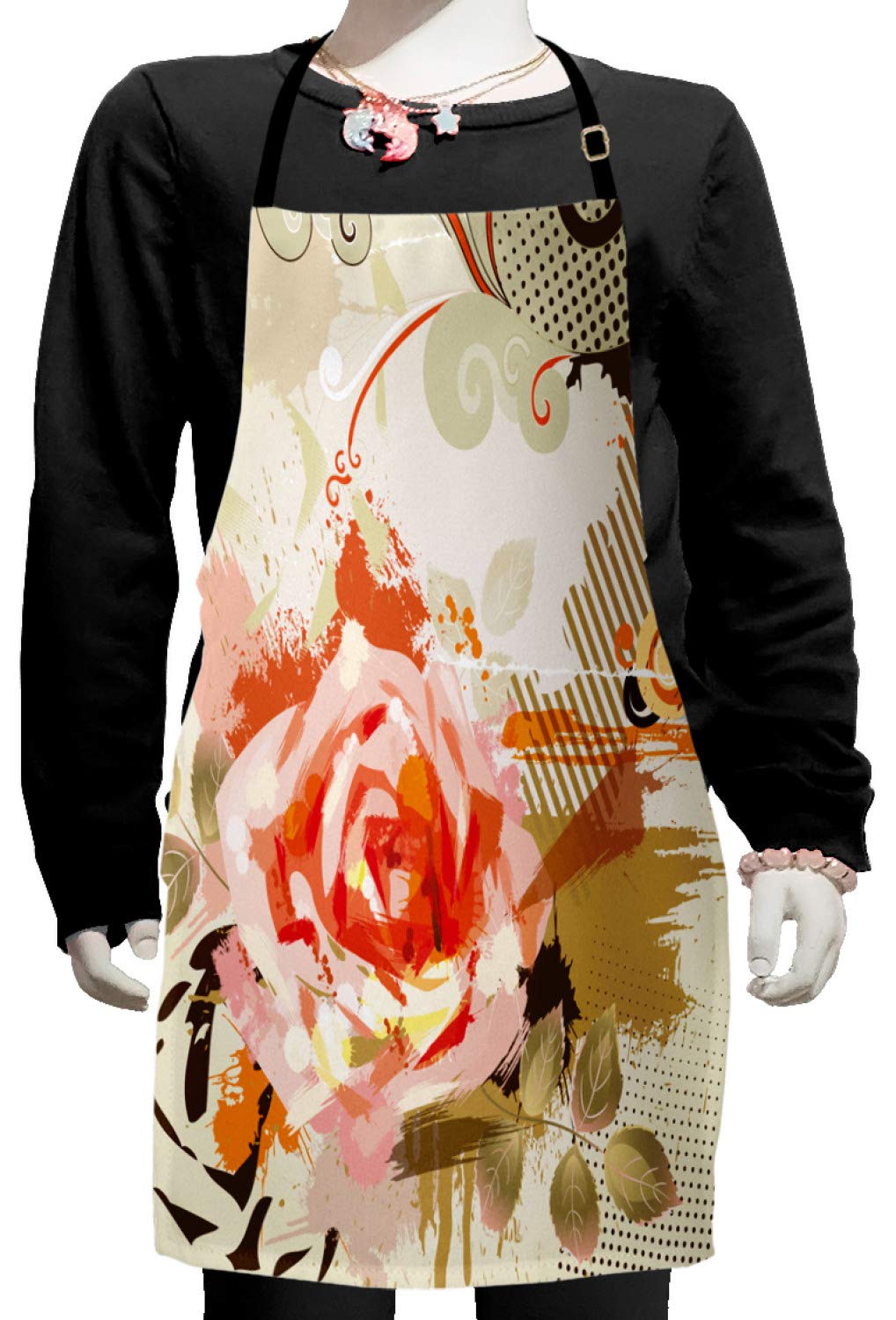 Ambesonne Rose Apron - Abstract Floral Retro Design with Adjustable Ties for Baking, Painting & Cooking - Small Size Khaki Orange Pink Apron for Women & Chefs - Perfect for Kitchen, BBQ, Pottery & Art Classes