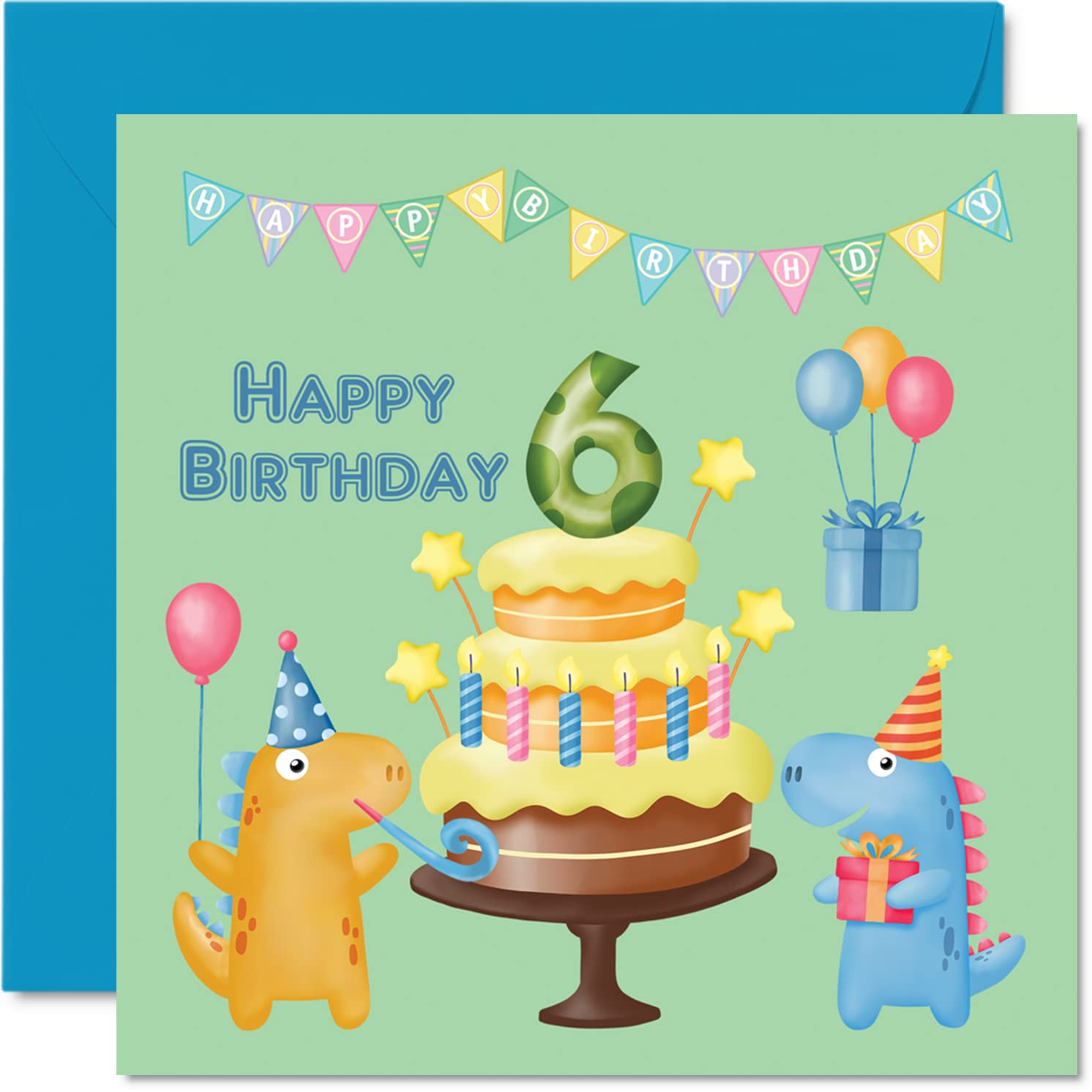 Dinosaur Birthday Card for 6 Year Old Boy - Happy 6th Birthday Greeting Card for Son, Nephew, Grandson - 5.7 x 5.7 Inch Kids Party Card - Perfect for Dinosaur Themed Birthday Parties & School Celebrations
