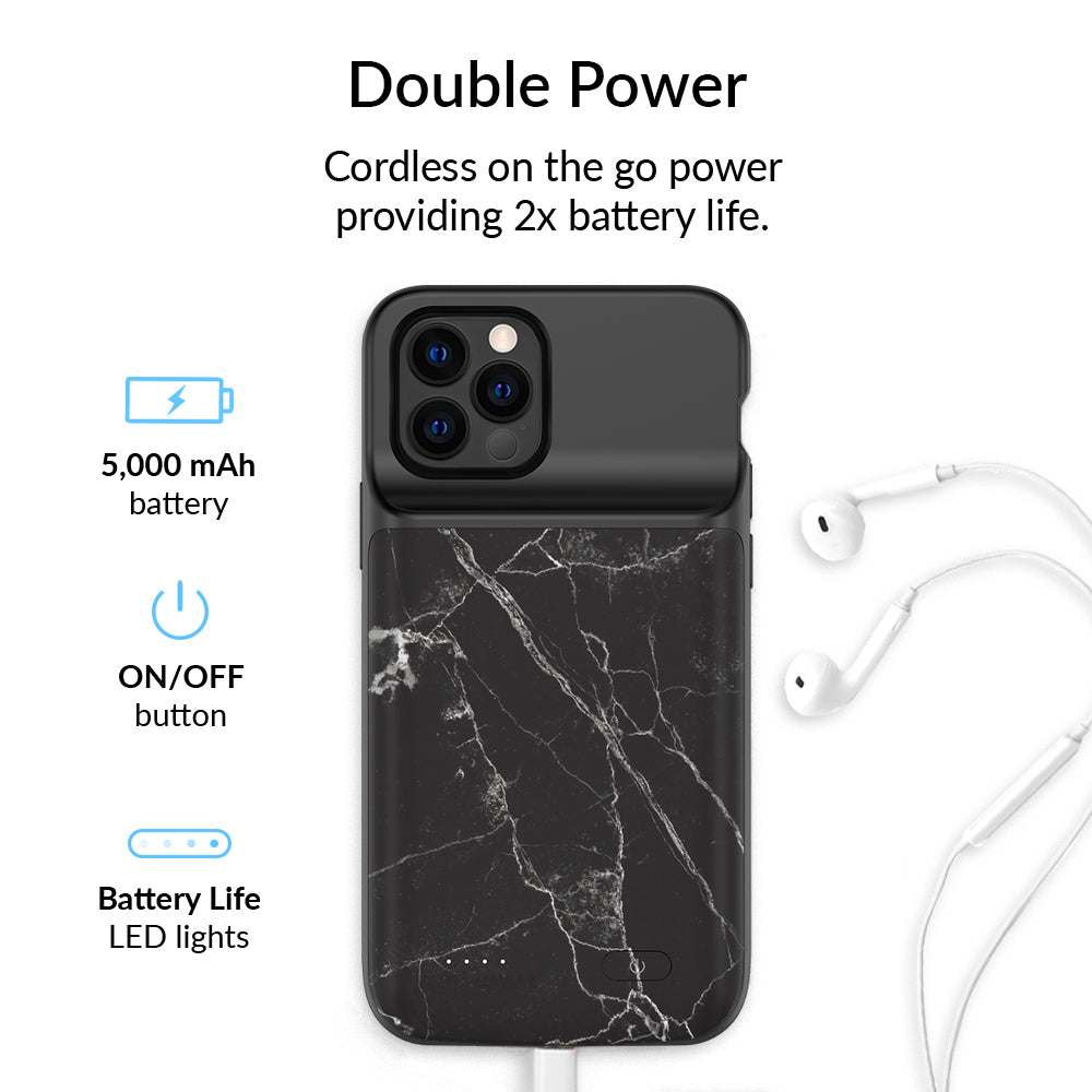 Black Marble iPhone Charging Case - Slim Protective Battery Case for iPhone 12/13/14 Pro Max - 5000mAh Portable Charger for Travel, Work & Daily Use