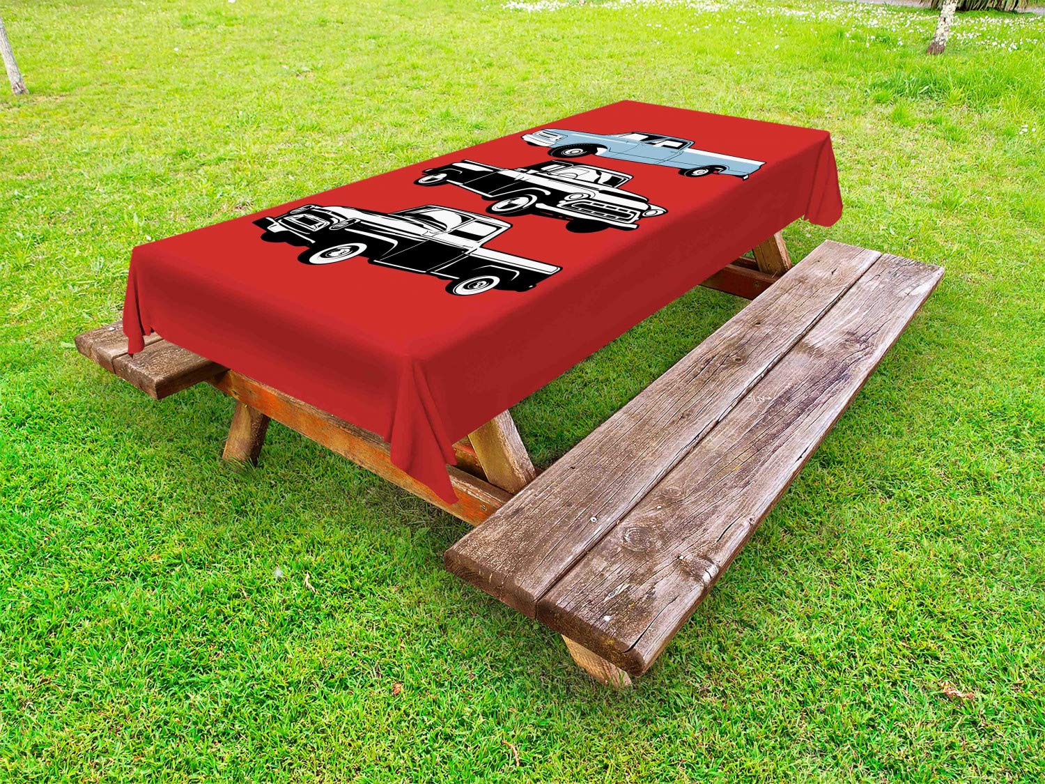 Ambesonne Vintage Pickup Truck Tablecloth - Washable Outdoor Picnic Table Cover with Abstract Ruby Blue White Design, 58x84 Inches - Perfect for BBQs, Camping, and Backyard Parties