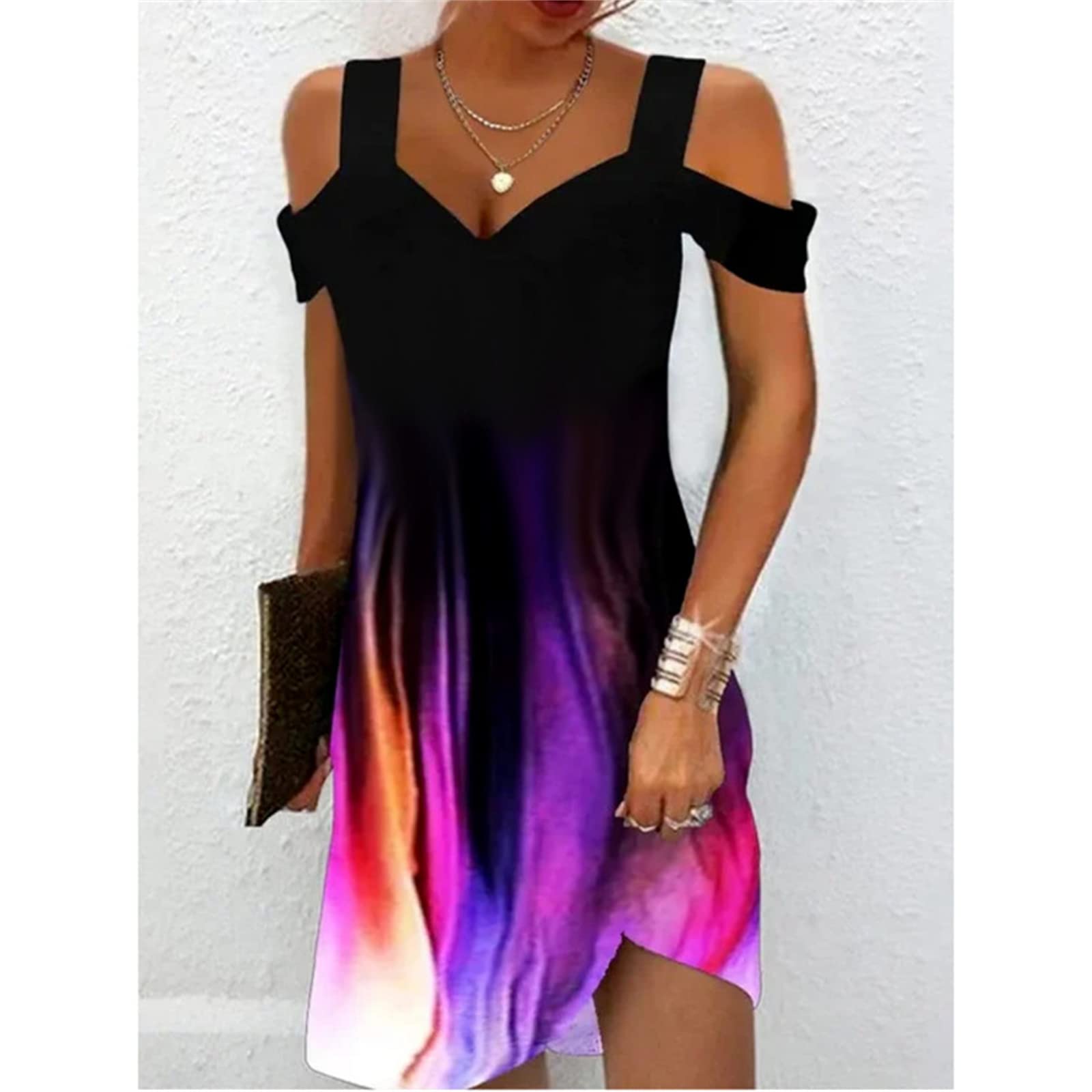 Trendy 2025 Women's Summer Casual Cold Shoulder Dress - Boho Ethnic Floral Tribal Marble Print V-Neck Mini Dress for Beach, Party & Vacation