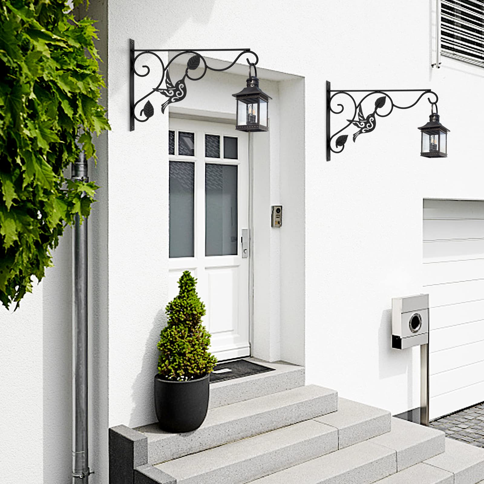VRSS 12 Inch Outdoor Hanging Plant Brackets - Wall Mounted Flower Pot Hangers with Decorative Leaves & Birds Design (2 Pack) - Perfect for Balcony, Garden, Patio Decor