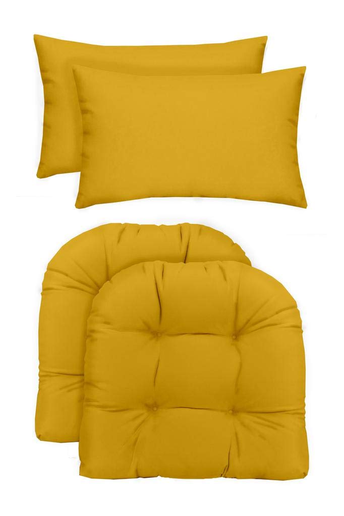 RSH DECOR: 2-Pack Tufted U-Shaped & Lumbar Pillows Set (19”x19” & 20”x12”) - Water-Resistant Spun Fabric Outdoor Cushions for Patio Furniture - Yellow | Perfect for Garden Chairs, Porch Swings & Poolside Lounging