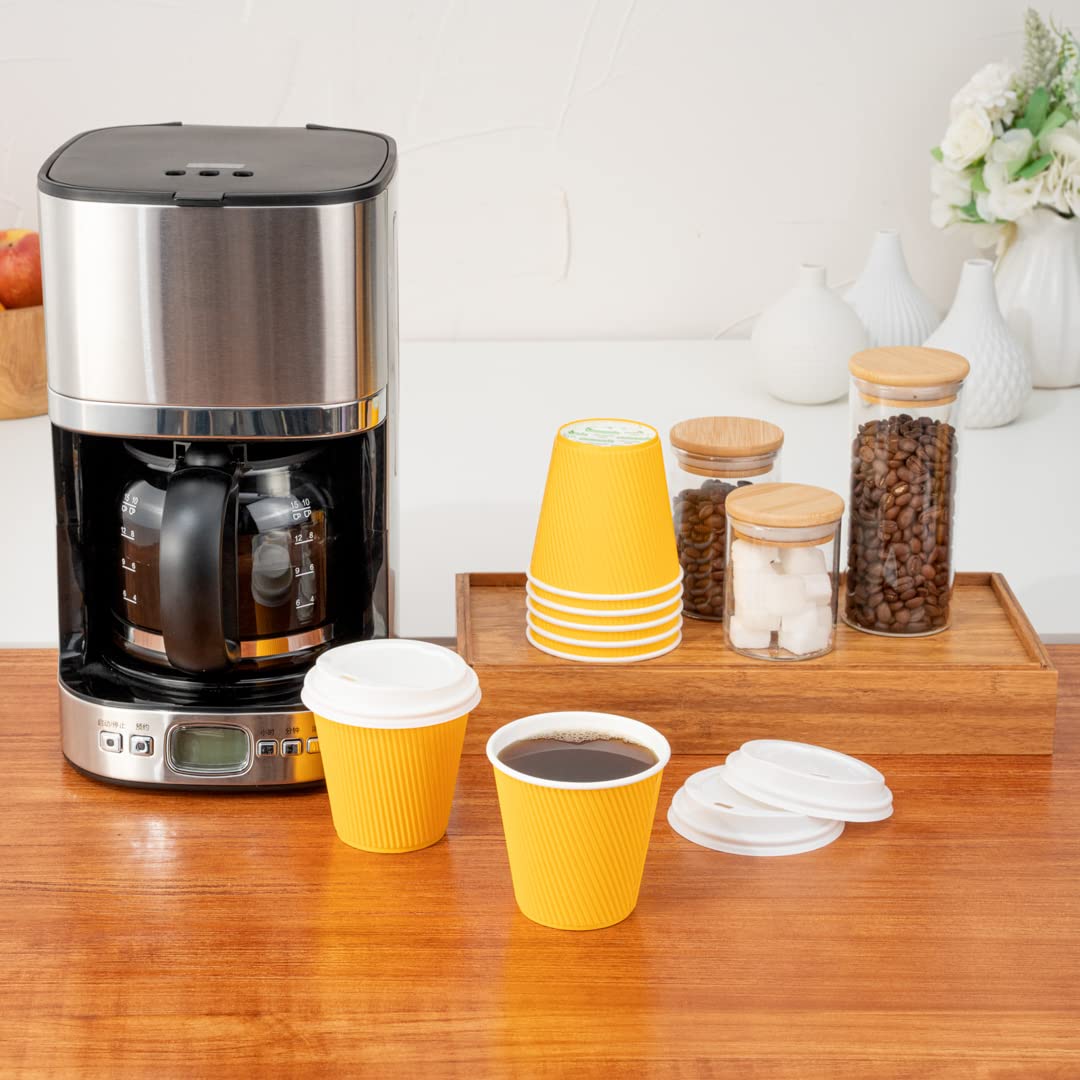 8oz Insulated Coffee Cups with Lids (20 Pack) - Leakproof & Non-Slip Yellow Disposable Paper Cups for Hot Beverages - Perfect for Coffee, Tea, Hot Cocoa & Lattes at Cafes, Offices or Home Use