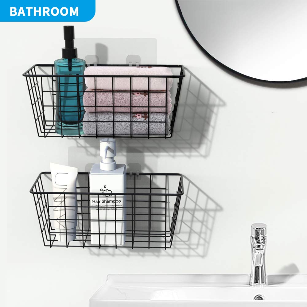 MaraFansie Over the Cabinet Door Organizer - 2 Pack Black Wire Storage Baskets, No Drill Adhesive Hanging Kitchen Baskets for Pantry, Bathroom & Home Organization | Perfect for Spices, Utensils & Toiletries Storage