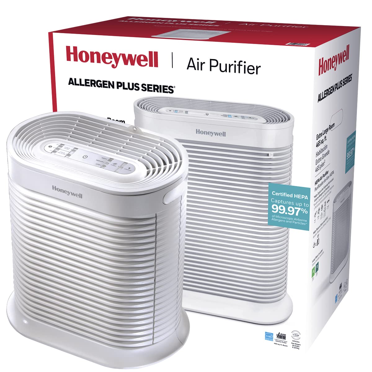 Honeywell HPA304 AllergenPlus HEPA Air Purifier for Extra Large Rooms - Removes 99.97% of Allergens, Smoke, Wildfire Smoke, Pollen & Pet Dander - White Air Cleaner for Home, Office & Bedroom - Ideal for Allergy & Asthma Relief
