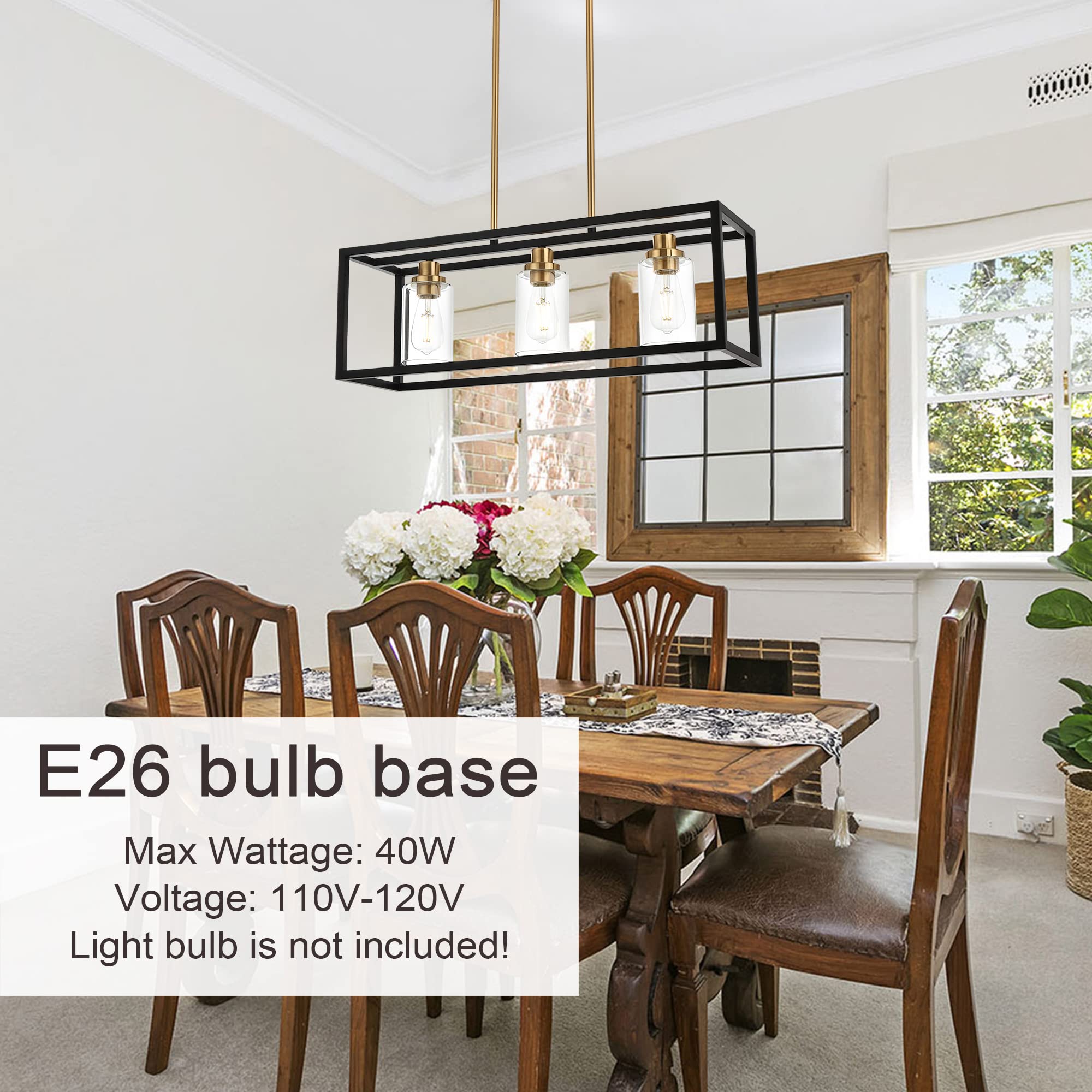 Modern Black Rectangle 3-Light Linear Pendant Chandelier - Kitchen Island Lighting with Clear Glass Shade & Brass Socket, E26 Base - Perfect for Dining Room, Kitchen Counter, and Breakfast Nook Lighting