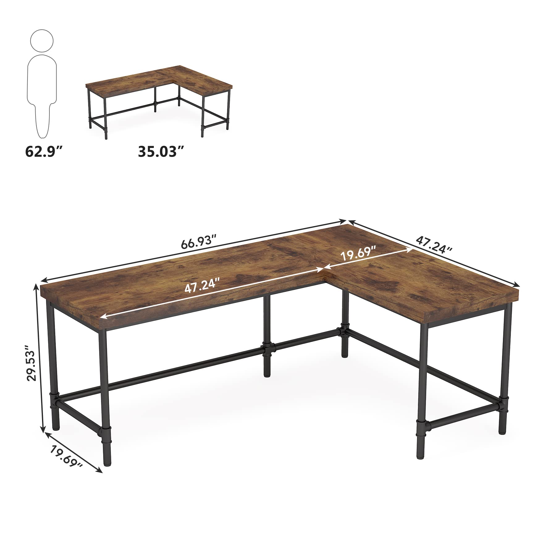 Tribesigns 67 Inch L-Shaped Computer Desk - Reversible Corner Office Desk with Metal Pipe Legs, Industrial Style Workstation for Home Office, Study & Gaming (Rustic Brown) | Perfect for Small Spaces & Multi-Monitor Setups