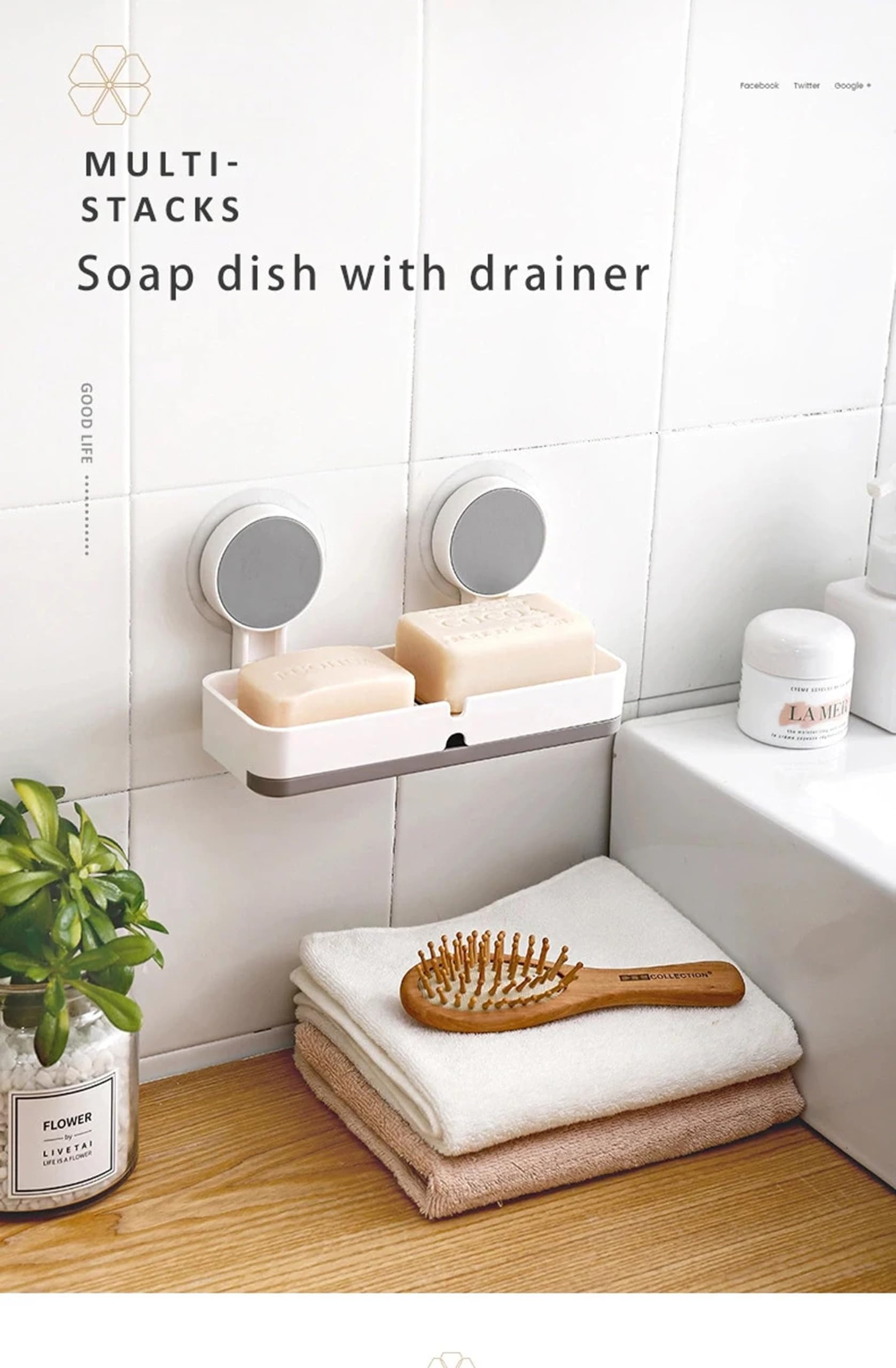 JIALTO Wall Mounted Soap Holder with Drain Tray - No Drill Adhesive Bathroom Organizer for Shower & Sink (Holds 5kg) - Perfect for Small Spaces, Apartments & RVs