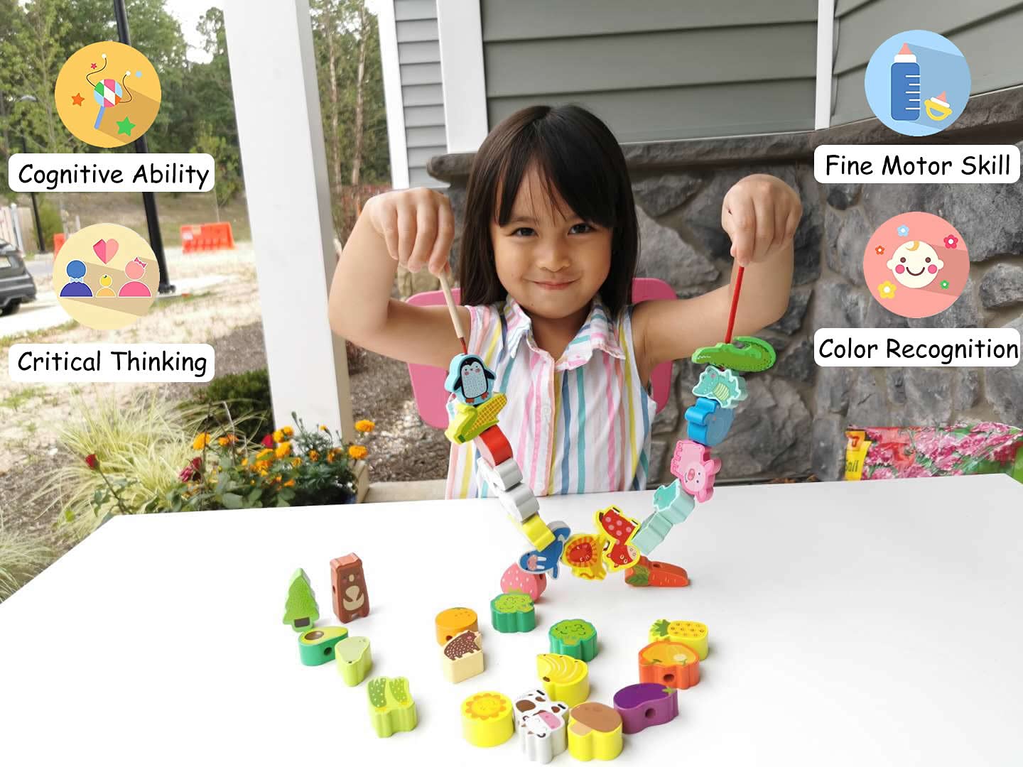 BMTOYS Montessori Wooden Threading Toys for Toddlers - Farm Animals & Fruits Lacing Beads, Fine Motor Skills Learning Toy for 3 4 5 Year Old Boys Girls - Perfect for Preschool Classroom & Home Educational Play