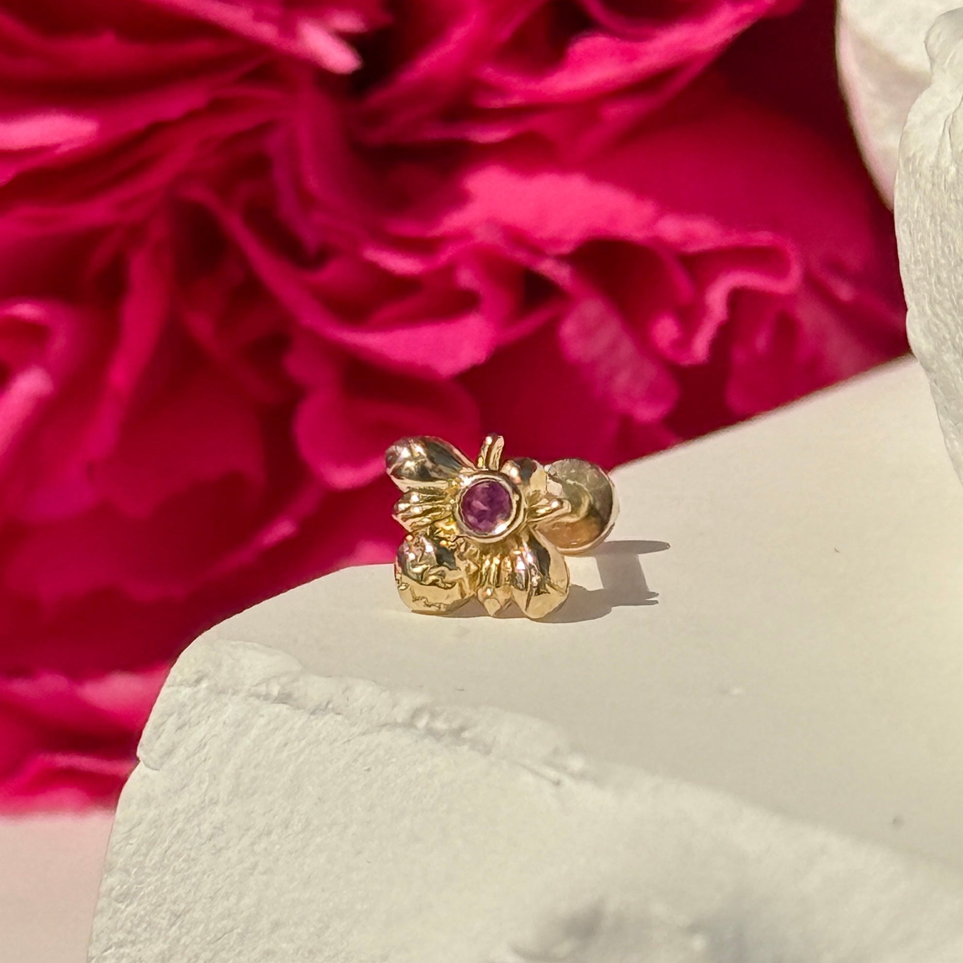 14K Yellow Gold Pink Ruby Bee Stud Earrings - Dainty Floral Jewelry for Women, Perfect for Everyday Wear, Gifts & Special Occasions