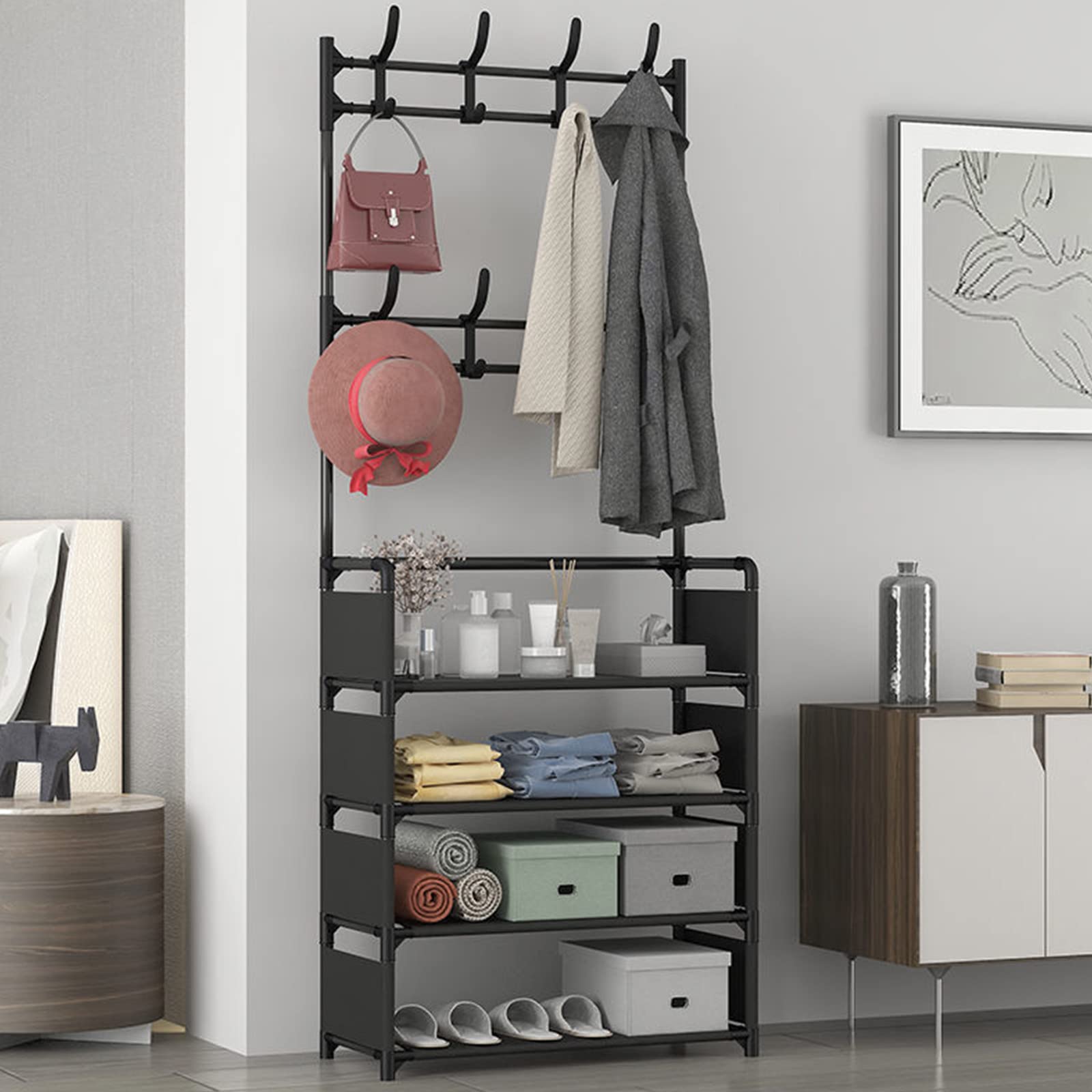 Hall Tree with Coat Rack & 4-Tier Shoe Storage, Entryway Bench with Hooks - Perfect for Mudroom Organization & Small Space Entry Solutions (Black)