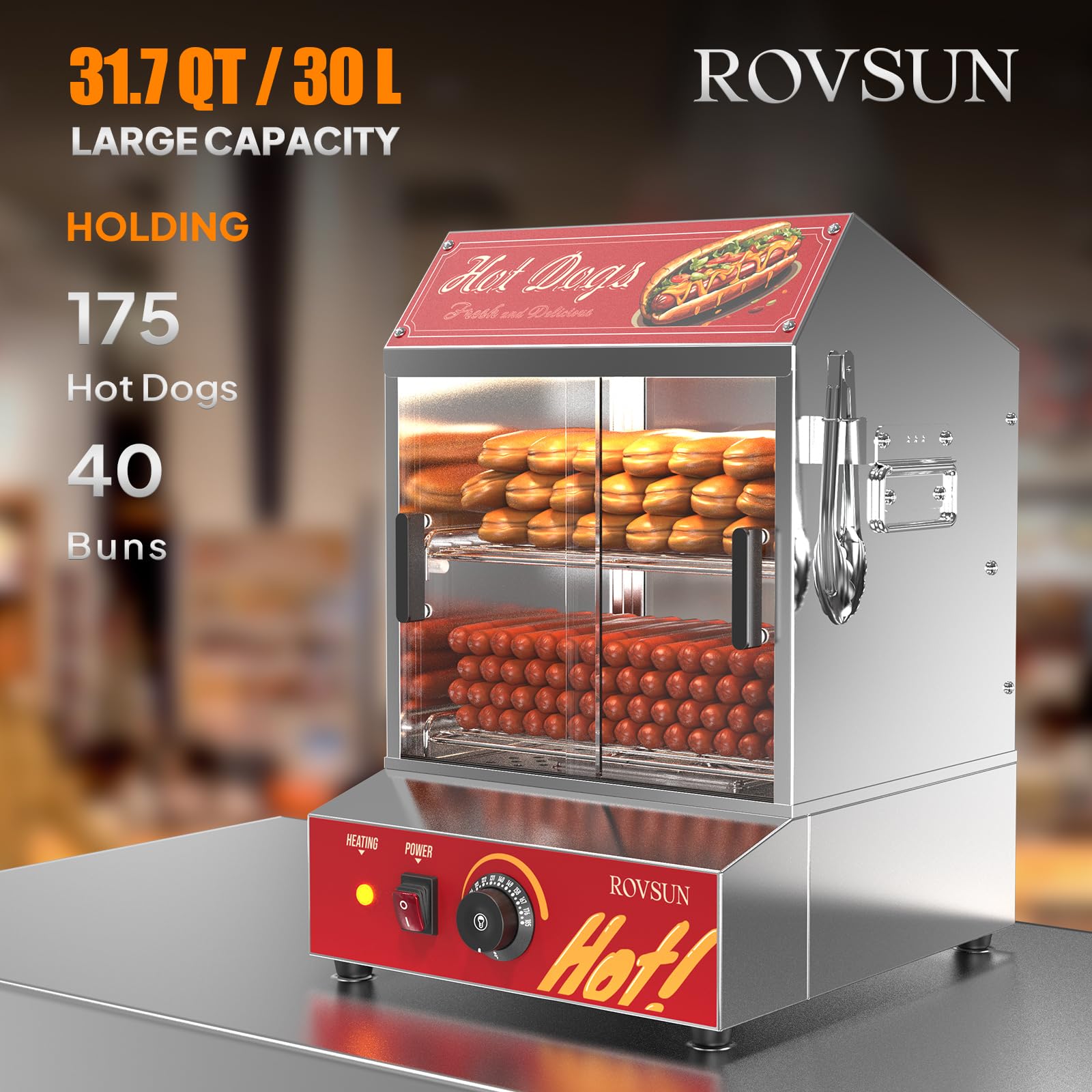 ROVSUN 30L Commercial Hot Dog Steamer - 2-Tier Hot Dog & Bun Warmer with Removable Shelves (175 Hot Dogs & 40 Buns Capacity) for Parties, Events & Concession Stands - Perfect for Catering, Food Trucks & Stadium Snack Bars