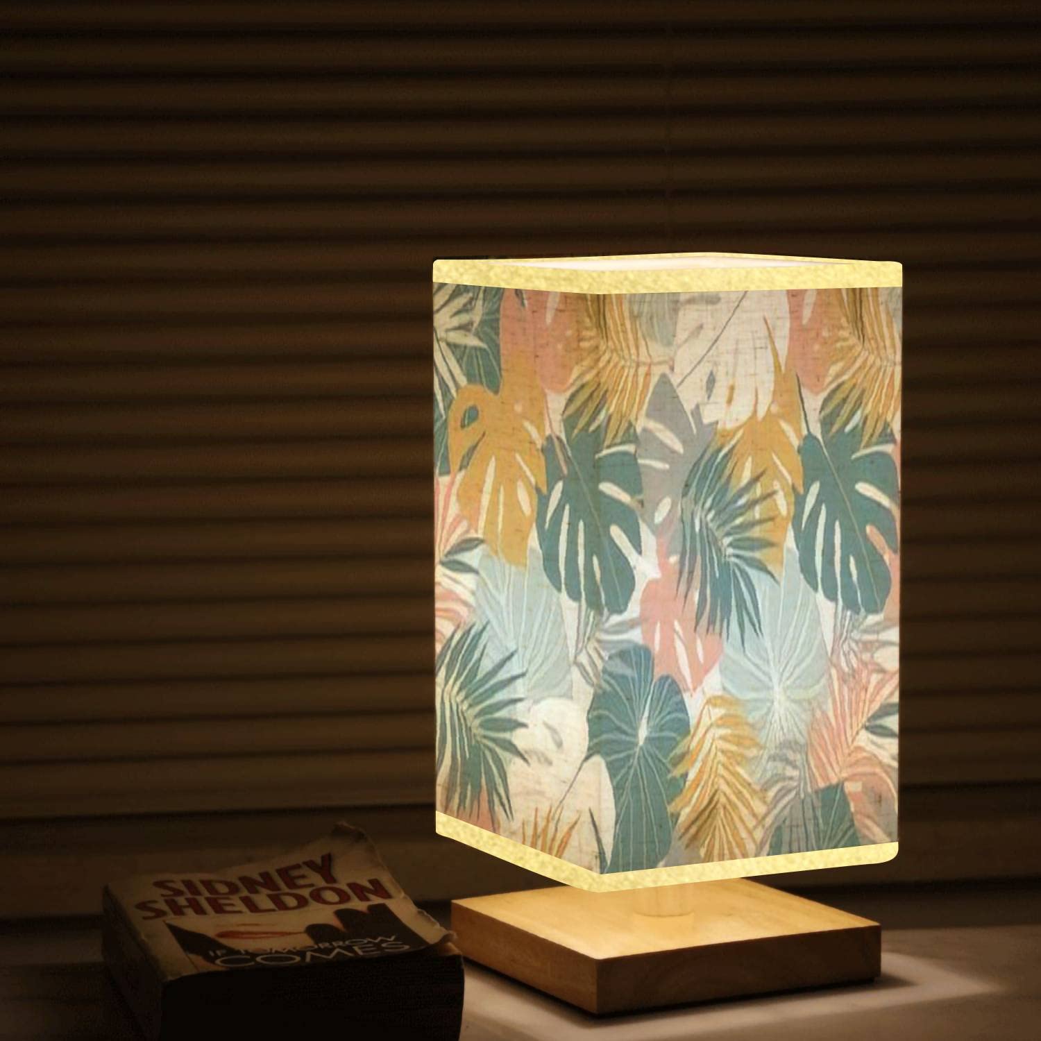Tropical Square Bedside Table Lamp with Jungle Plants & Palm Leaves - Exotic Hawaiian Wooden Base & Flaxen Fabric Shade - Dimmable Nightstand Lamp for Bedroom, Living Room, Office - Perfect for Relaxing, Reading & Creating Cozy Ambiance