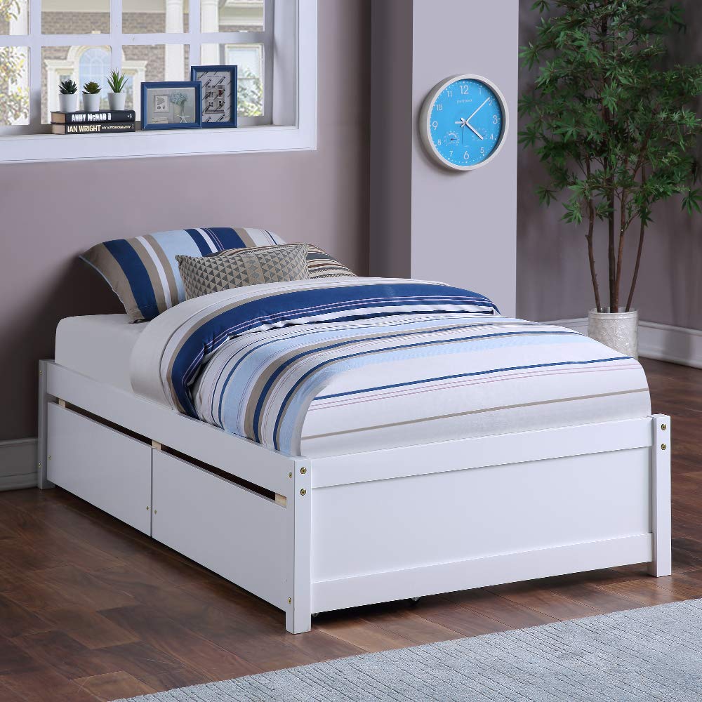 Solid Wood Platform Bed Frame with 2 Storage Drawers - Twin Size Bed with Wood Slat Support, No Box Spring Required (White) - Perfect for Small Bedrooms, Guest Rooms & Dorm Rooms