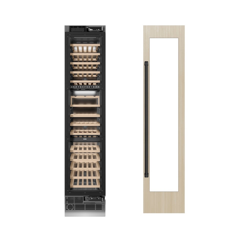 ZLINE Autograph Edition 18 Inch 9.0 cu ft Triple Zone 68 Bottle Panel Ready Right Hinge Column Wine Cooler with Matte Black Accents - Perfect for Home Bars, Wine Cellars & Entertaining (RBCWVRZ 18 MB)