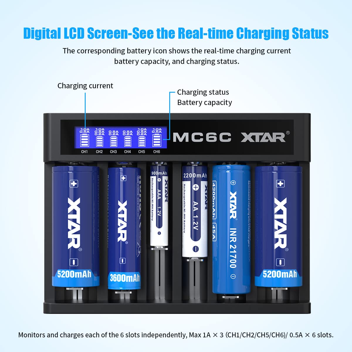 XTAR 6-Slot LCD Universal Battery Charger for 18650 Ni-MH AA AAA - USB-C Fast Charging with Smart Protection - Perfect for Vaping, Flashlights & Electronics