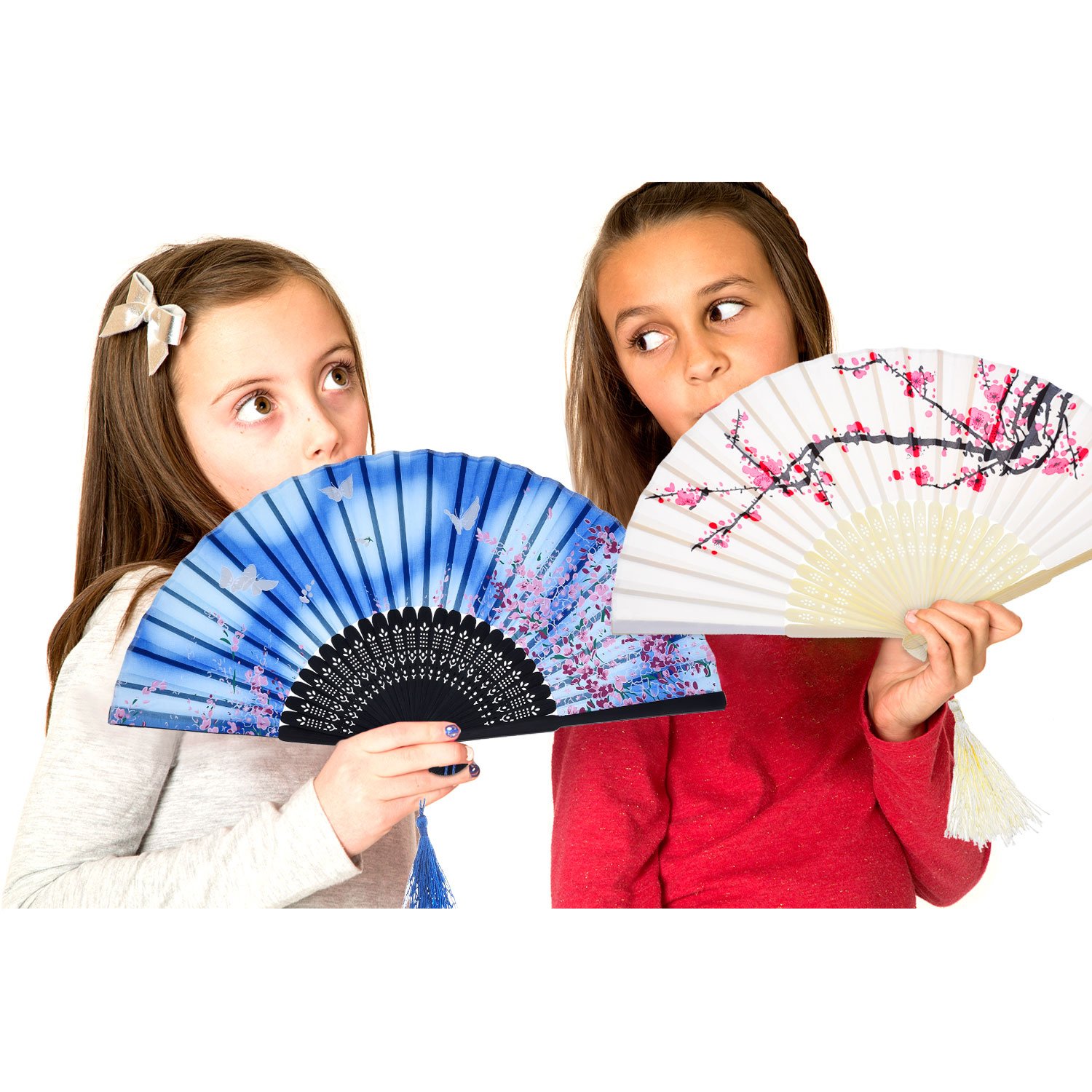 2 Pack Folding Handheld Bamboo Fans with Tassel - Traditional Chinese Style Women's Hollow Carved Hand Fans for Wall Decor, Wedding Favors, Photo Props & Summer Cooling (Cherry Blossom & Butterfly Design)