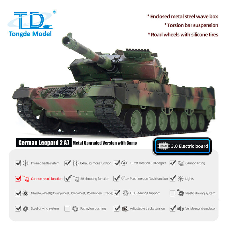 1/16 Tongde RC Battle Tank - German Leopard 2A7 Remote Control Military Panzer with 320° Rotation Barrel, Recoil & BB Shooting - DIY Hobby Model for Outdoor Play, War Simulation & Collectors