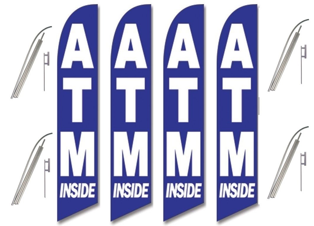 4 Pack Full Sleeve Swooper Flags with Poles & Spikes - ATM Inside Blue with Bold White Text - Perfect for Car Dealerships, Sports Events & Patriotic Decorations