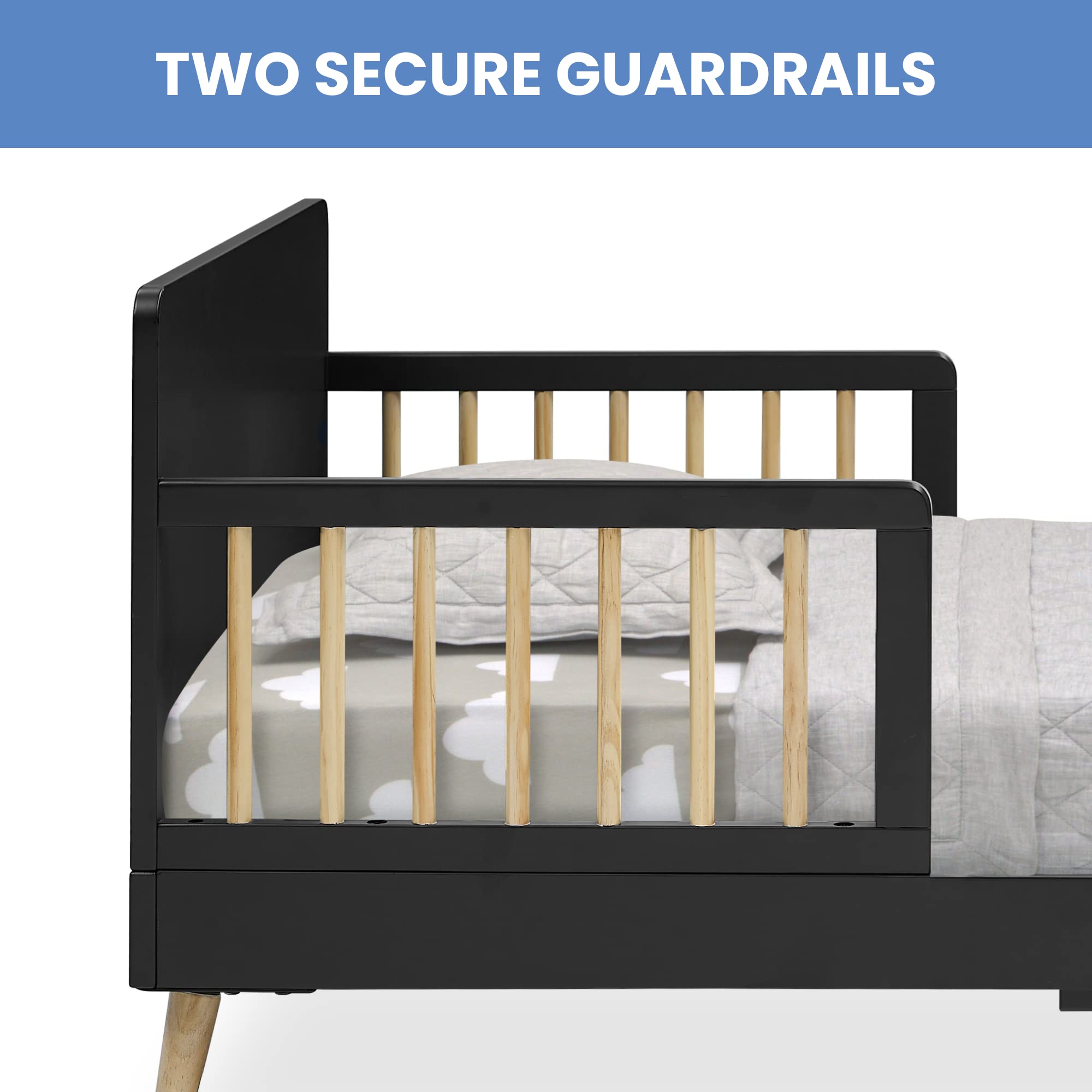 Delta Children Logan Wood Toddler Bed with Simmons Kids SlumberTime Naturally 2-Stage Premium Foam Mattress - Waterproof, GREENGUARD Gold Certified - Midnight Grey/Natural - Perfect for Nursery, Daycare & Toddler Bedroom Transition