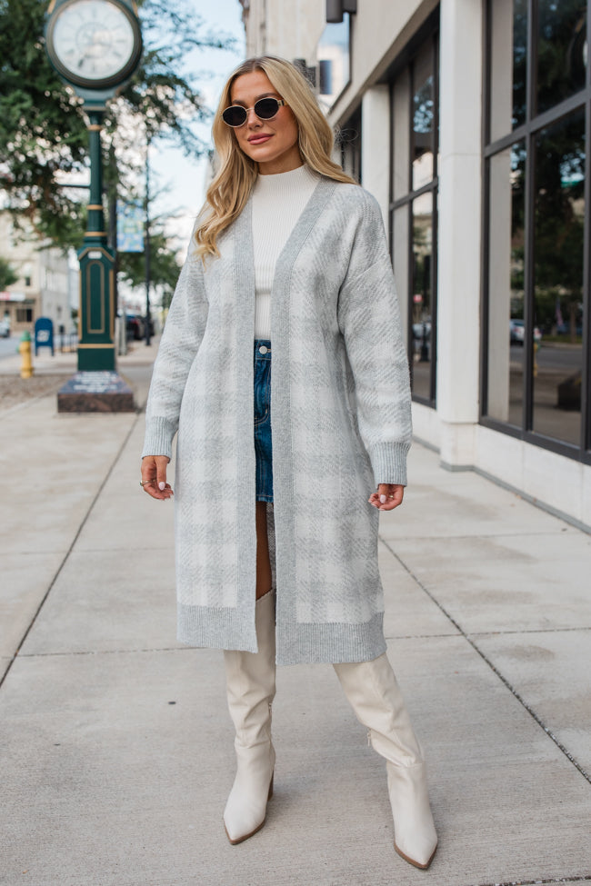 Be The First Grey Plaid Long Cardigan for Women - Cozy Fall & Winter Layering Piece - FINAL SALE