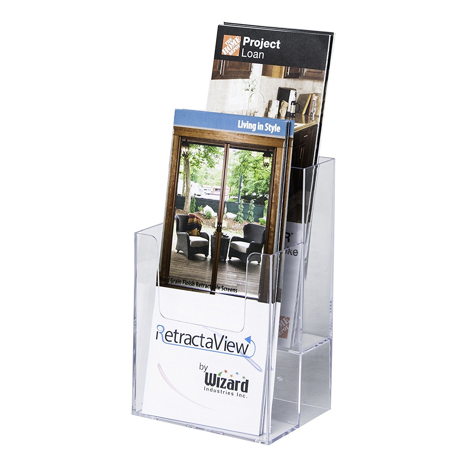 Clear-Ad LHF-S102 Acrylic Slant Back 2-Tier Trifold Brochure Display Holder - Bulk Plastic Literature Stand for Flyers, Booklets, Mail, Cards & Pamphlets (60-Pack) - Perfect for Retail Stores, Restaurants, Hotels & Office Reception Areas
