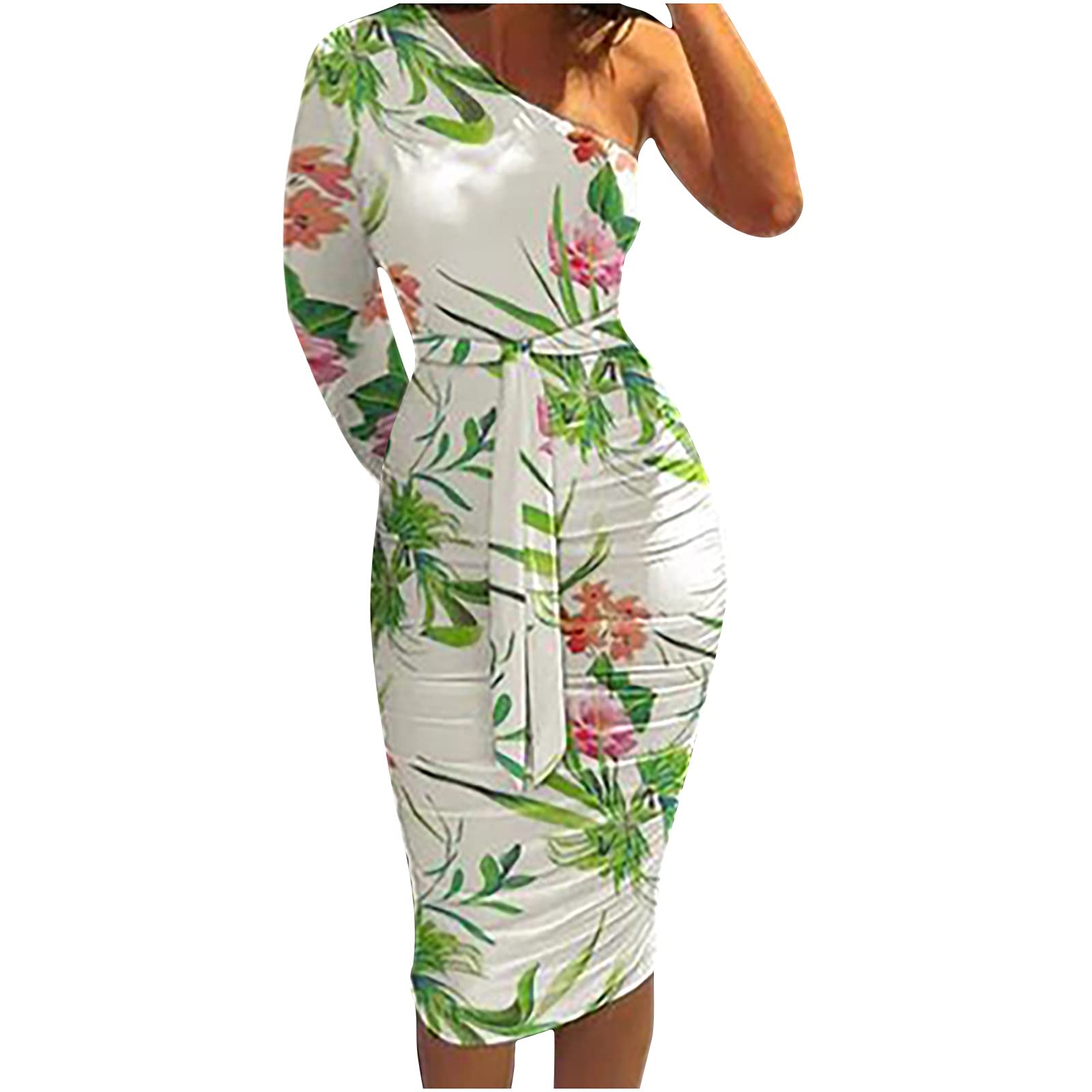 SHENYANGWA Sexy One Shoulder Bodycon Dress for Women - Long Sleeve Ruched Wrap Cocktail Dress, Wedding Guest Dress, Evening Party & Summer Outfits