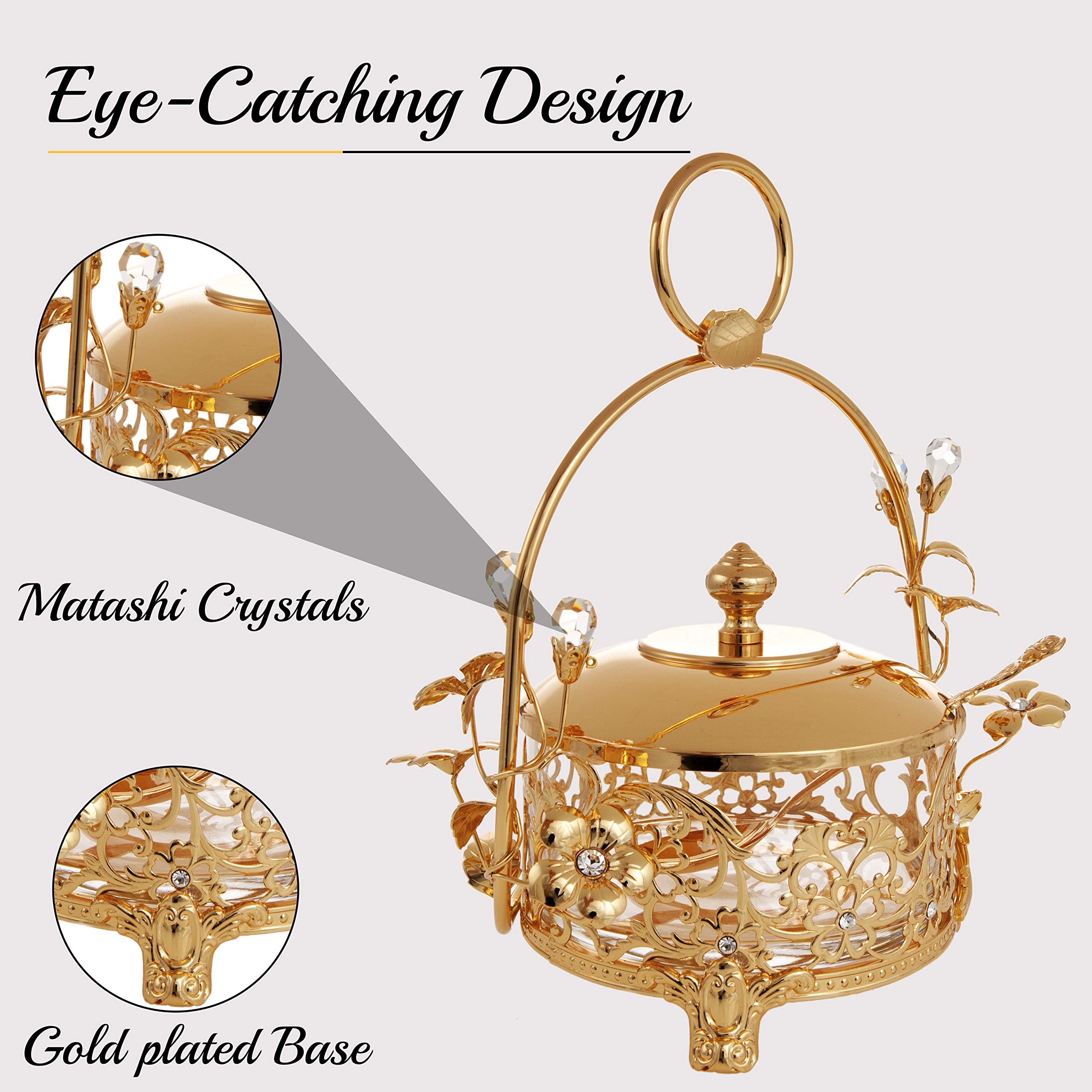 24K Gold Plated Crystal Studded Honey Candy Dish with Rose Accents - Elegant Home Decor for Christmas, Anniversary, Housewarming & New Year Gifts | Perfect for Dining Table, Kitchen Counter & Party Dessert Display