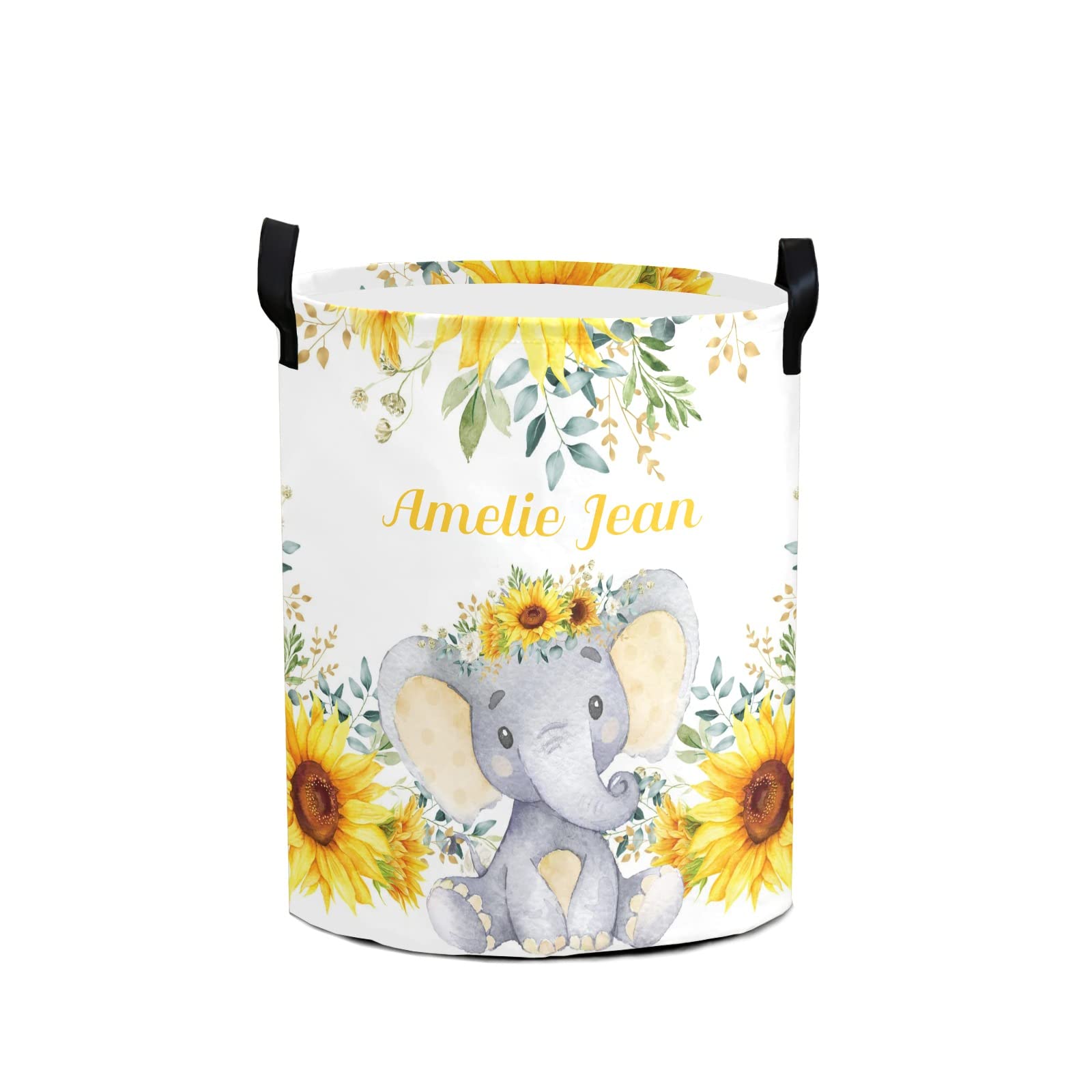 Waterproof Elephant Watercolor Sunflowers Storage Bin - Oxford Fabric Laundry Hamper, Toy Organizer & Nursery Clothes Basket | Perfect for Baby Room, Bedroom Storage & Gift Baskets