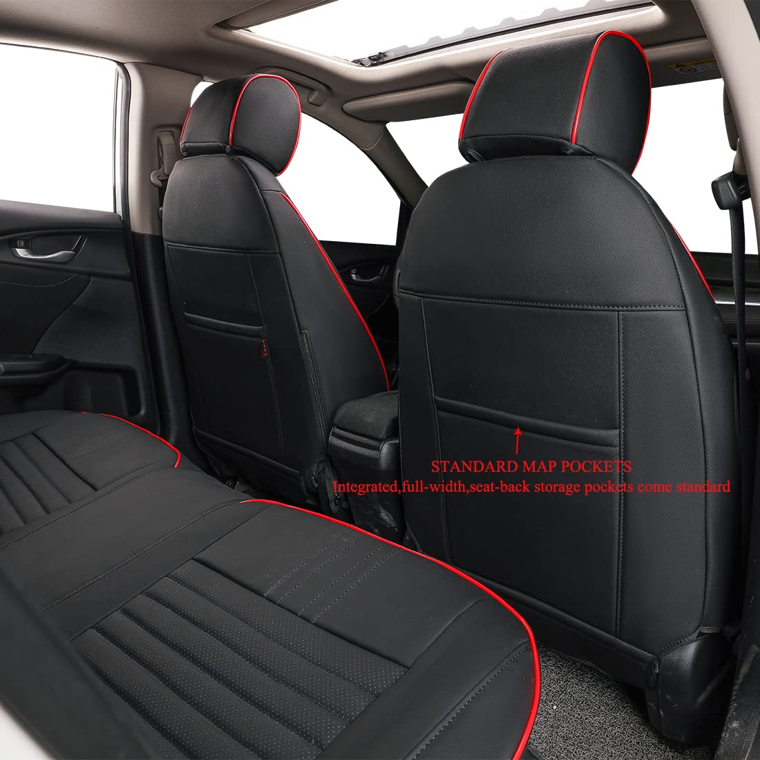 Premium EKR Custom Fit Car Seat Covers Full Set for 2022-2025 Honda Civic Hatchback Sport & 2022-2024 LX Models - Waterproof Leather Seat Protectors with Black & Red Trim - Perfect for Daily Commuting, Road Trips and Car Interior Protection