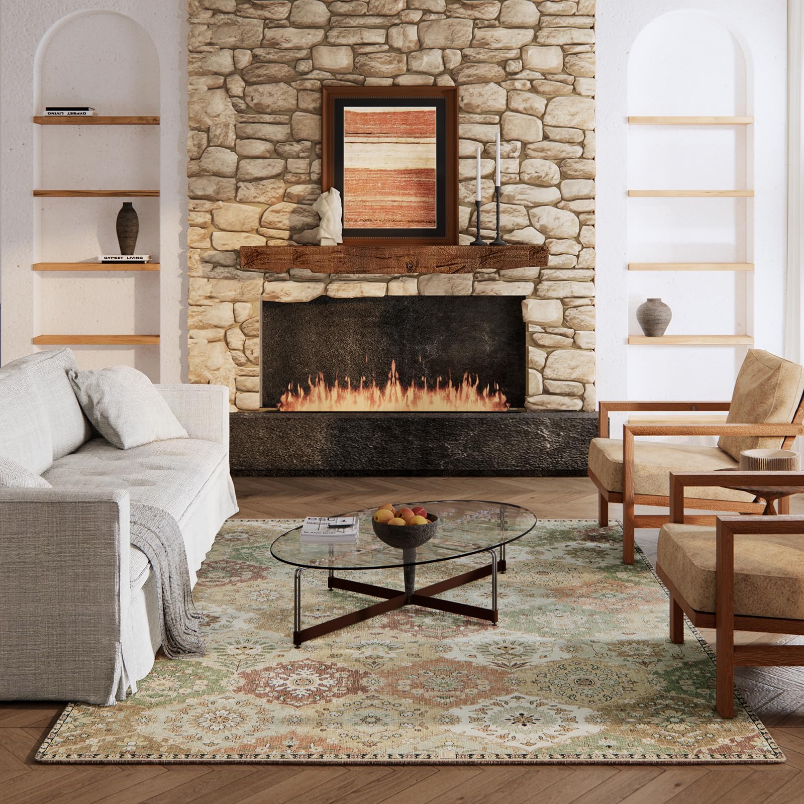 4x6 Washable Non-Slip Area Rug - Low Pile Lightweight Rug for Bedroom, Living Room, Dining Room, Nursery & Entryway - Multi/Green - Perfect for Home Decor & High Traffic Areas